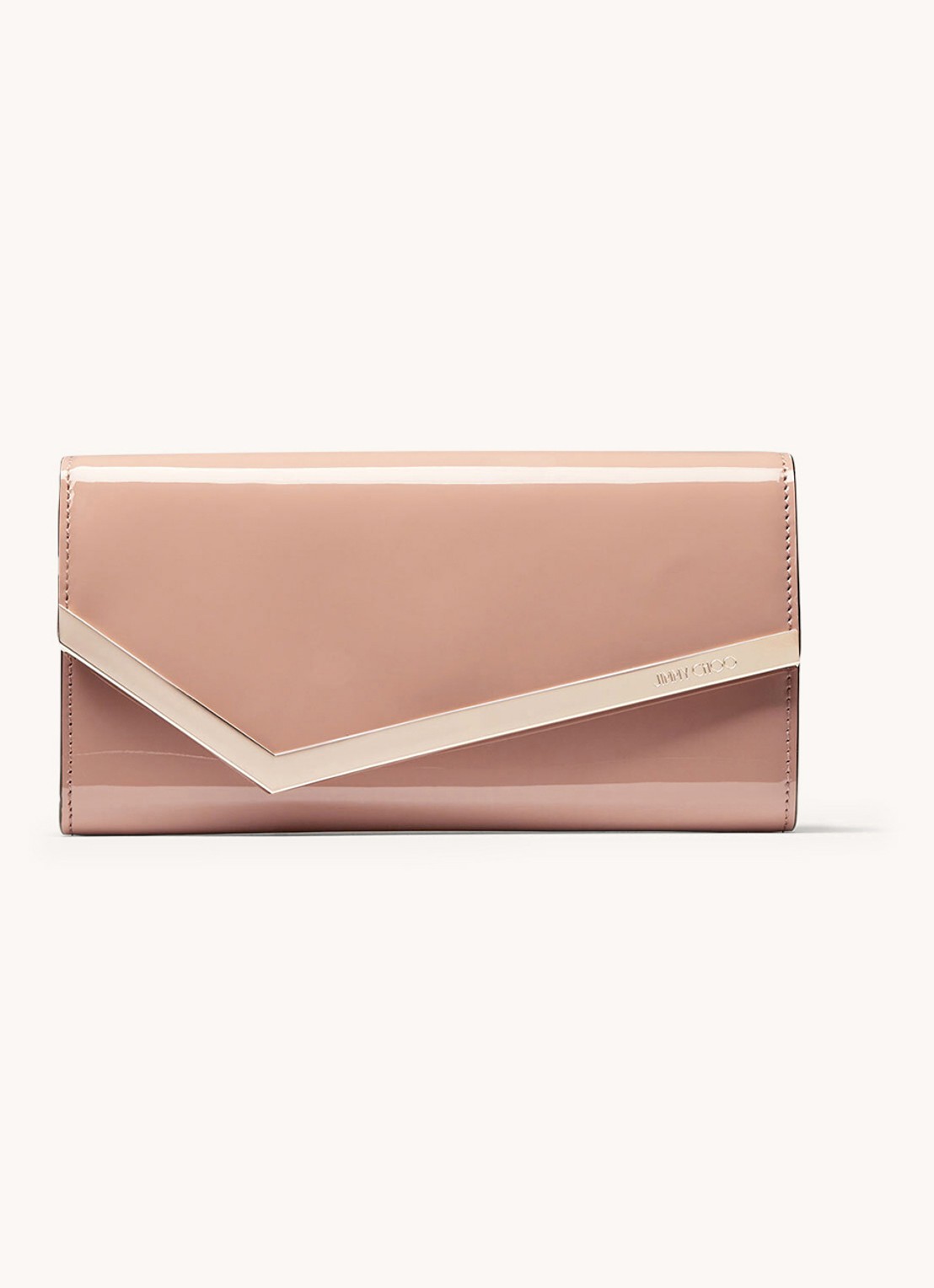 Jimmy Choo Emmie clutch van lakleer met afneembare schouderriem - voorkant oudroze