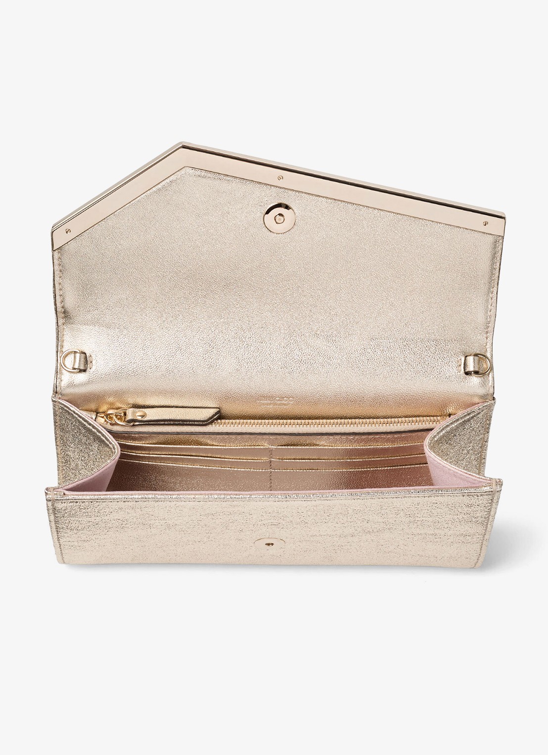 Jimmy Choo Emmie clutch van lamsleer met metallic finish en afneembare schouderriem - detail 5 goud