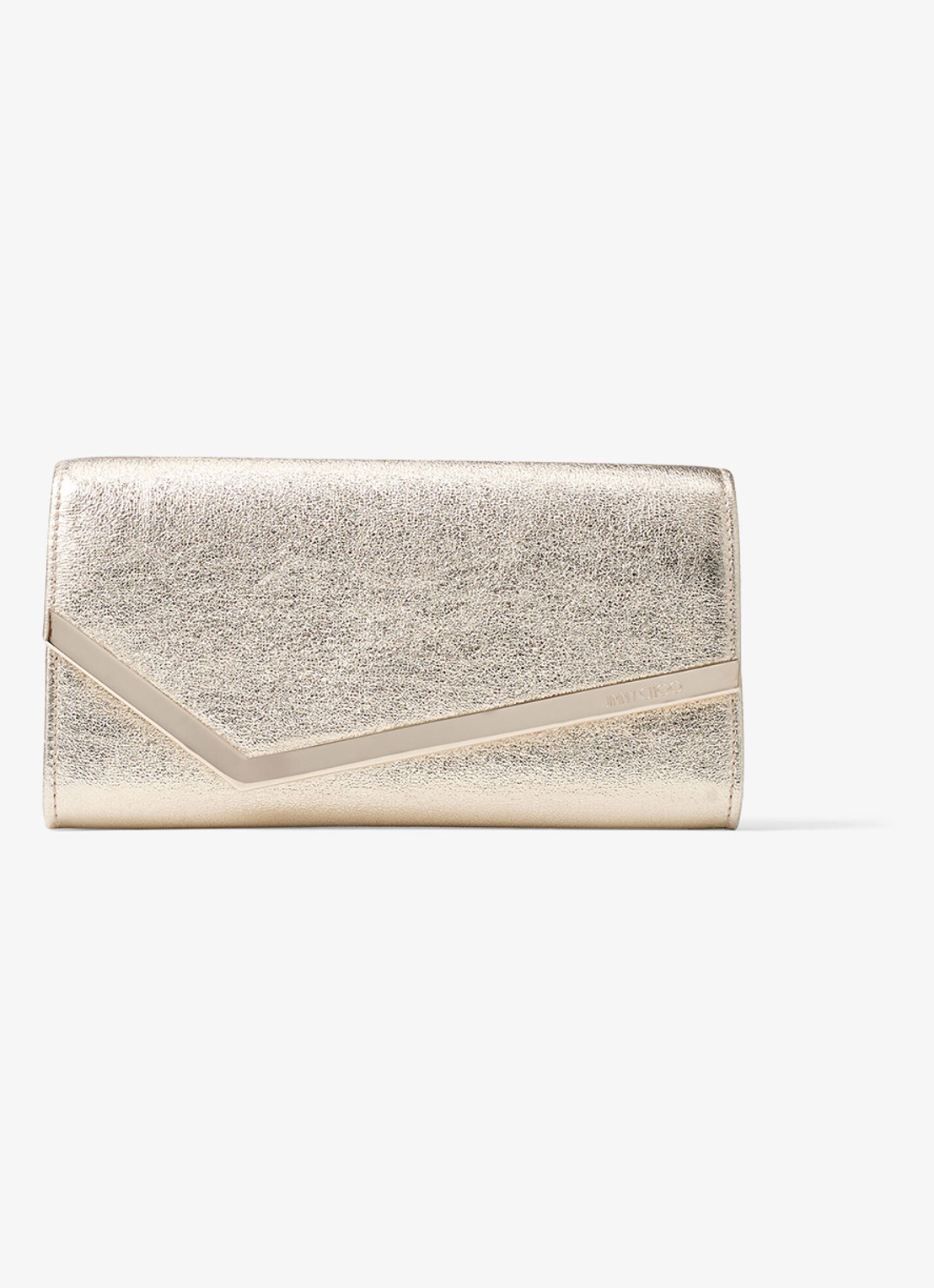 Jimmy Choo Emmie clutch van lamsleer met metallic finish en afneembare schouderriem - voorkant 2 goud