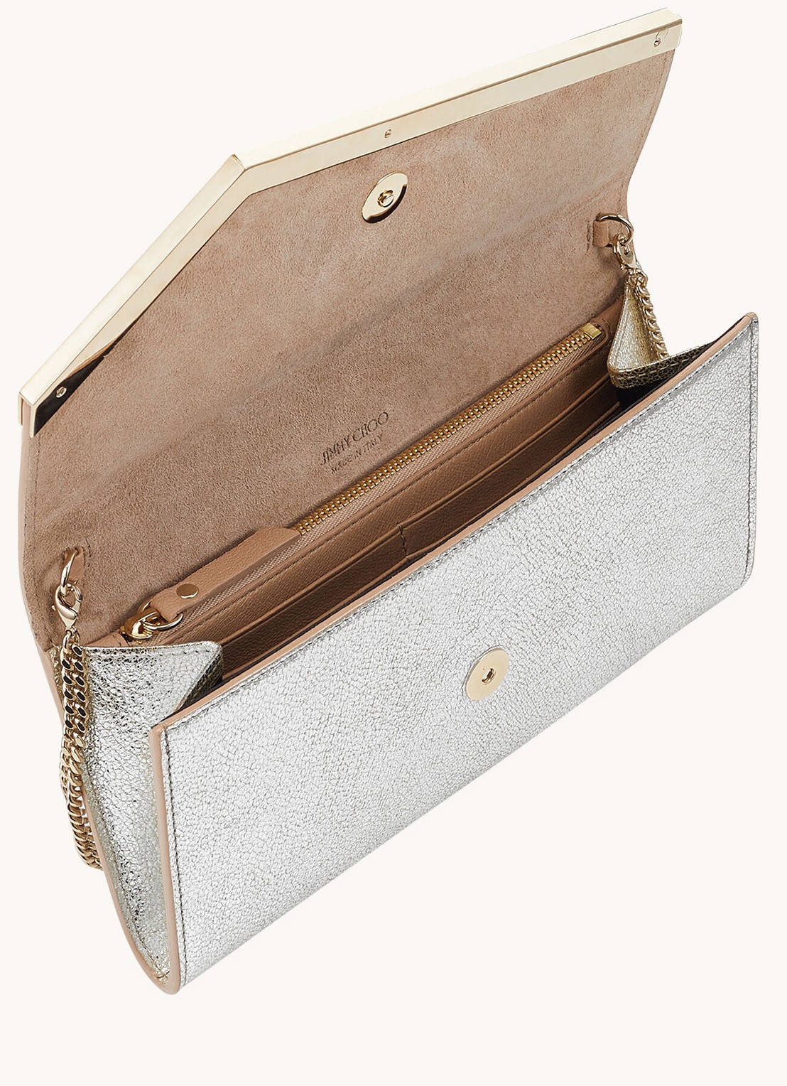 Jimmy Choo Emmie clutch van leer met afneembare schouderriem - detail 4 zilver