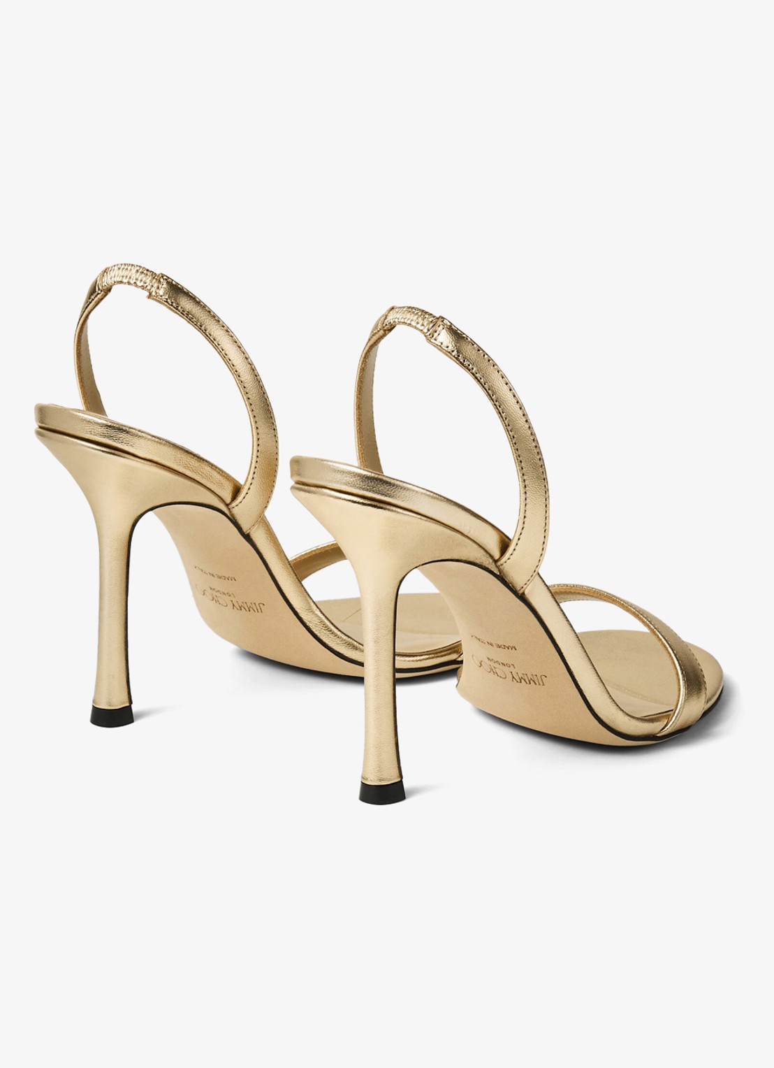 Jimmy Choo Jenn 100 sandalette van lamsleer met metallic finish - achterkant goud