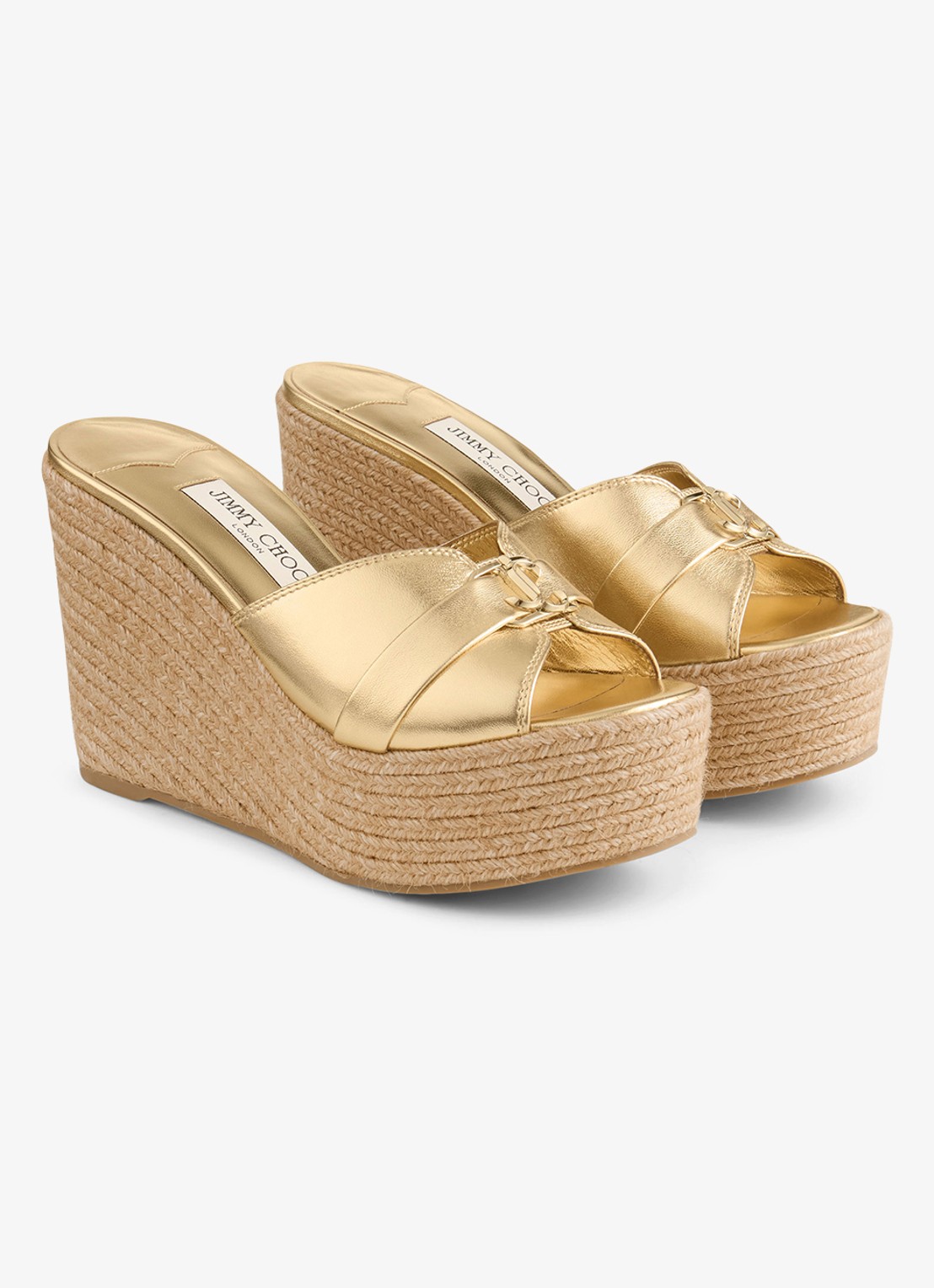 Jimmy Choo Leda Wedge 100 sleehak van lamsleer met metallic finish - voorkant 4 goud