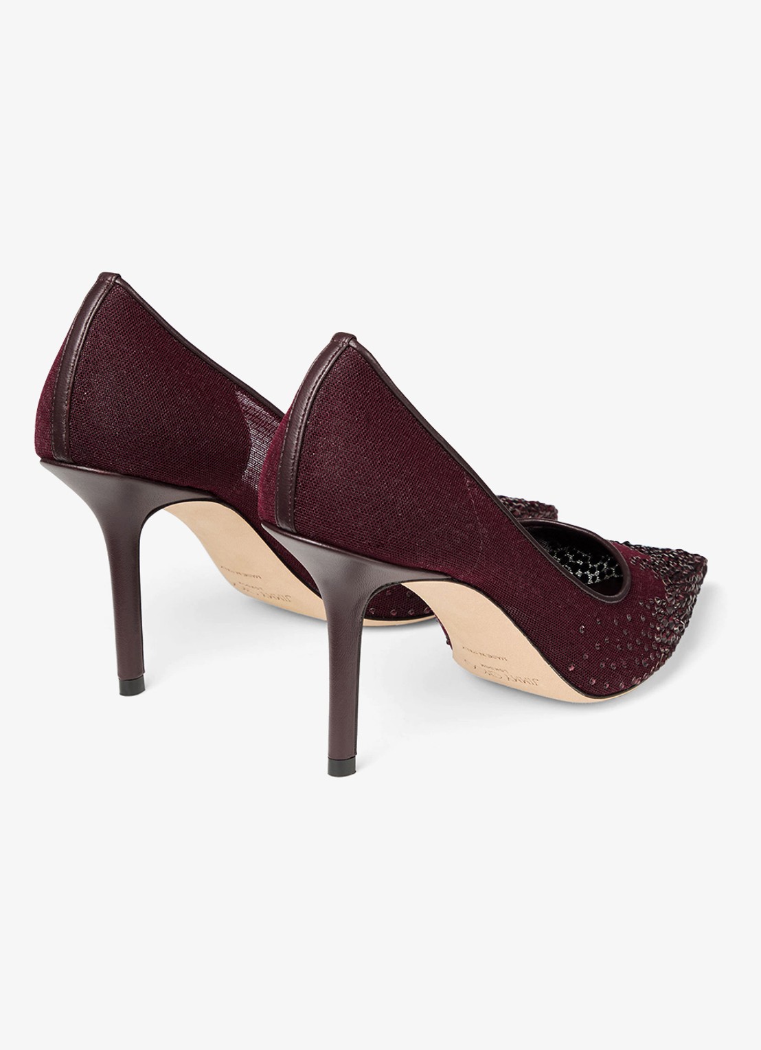 Jimmy Choo Love 85 pump van mesh met strass - achterkant donkerrood