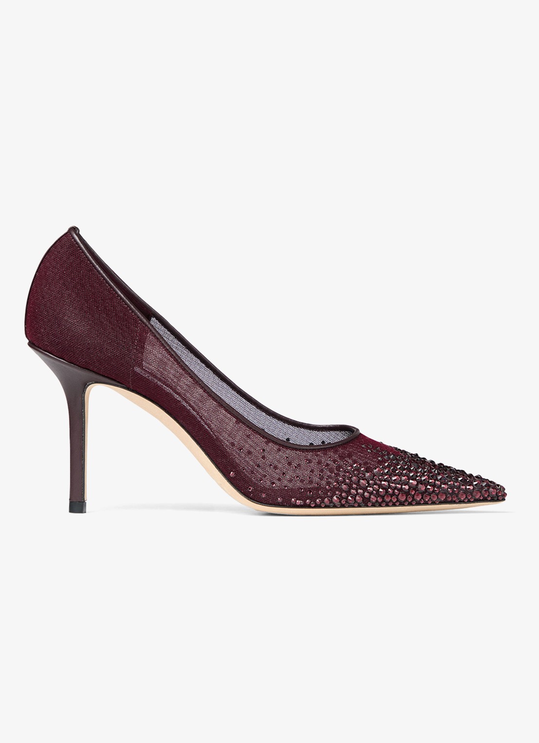 Jimmy Choo Love 85 pump van mesh met strass - voorkant 4 donkerrood