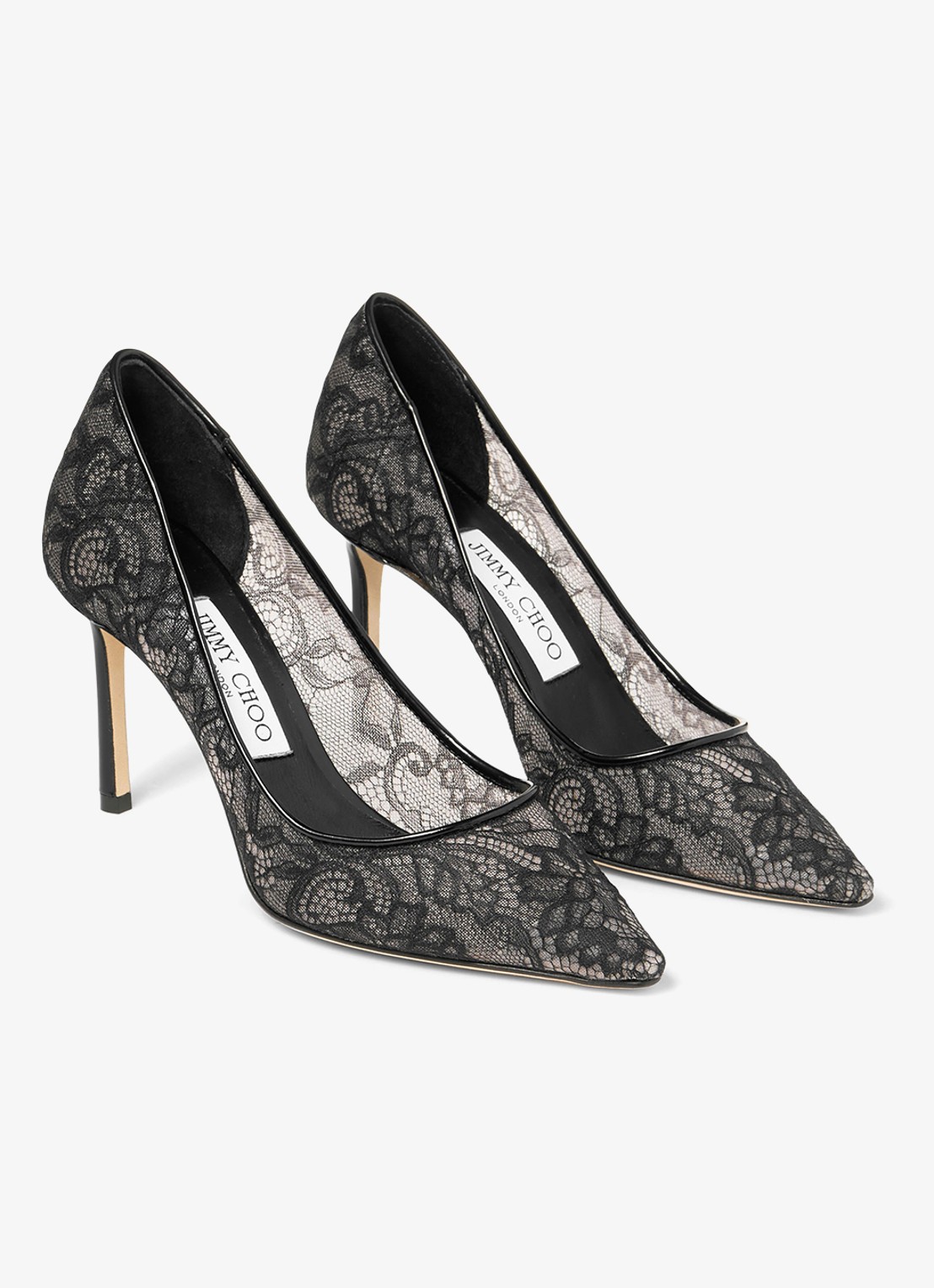Jimmy Choo Romy 85 pump van kant met leren details - voorkant 2 zwart