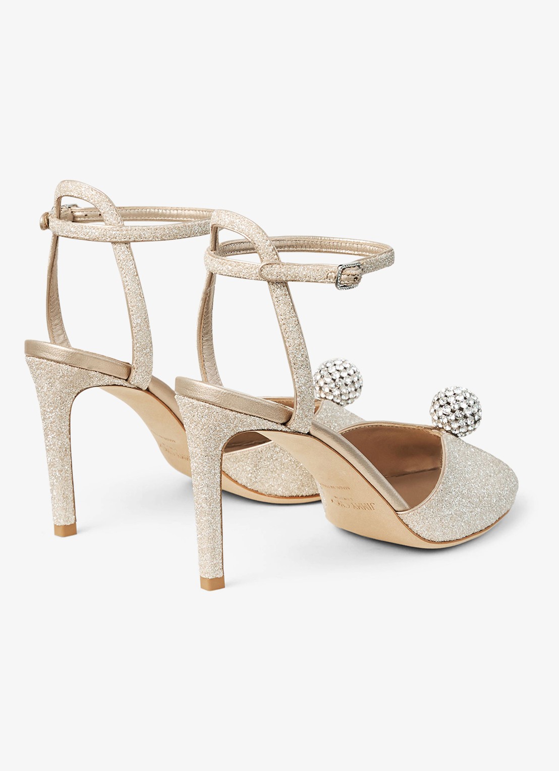 Jimmy Choo Sacora 85 sandalette met leren details en glitter - achterkant goud
