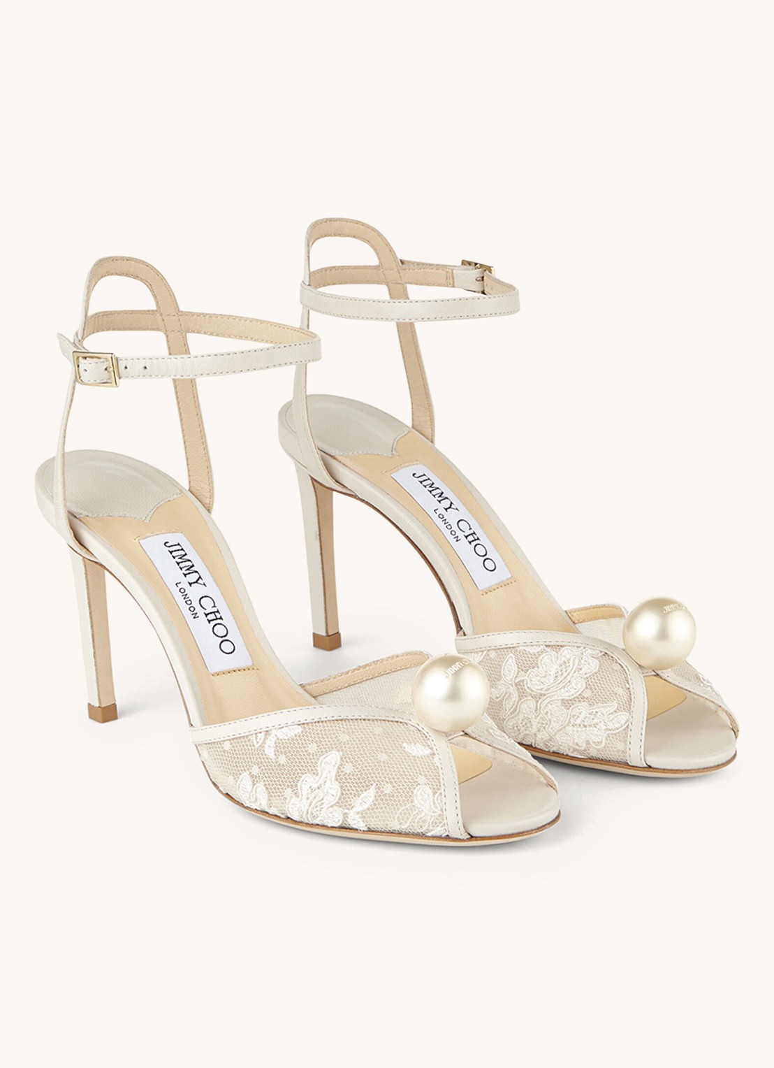 Jimmy Choo Sacora 85 sandalette van kalfsleer met kant - detail 4 creme
