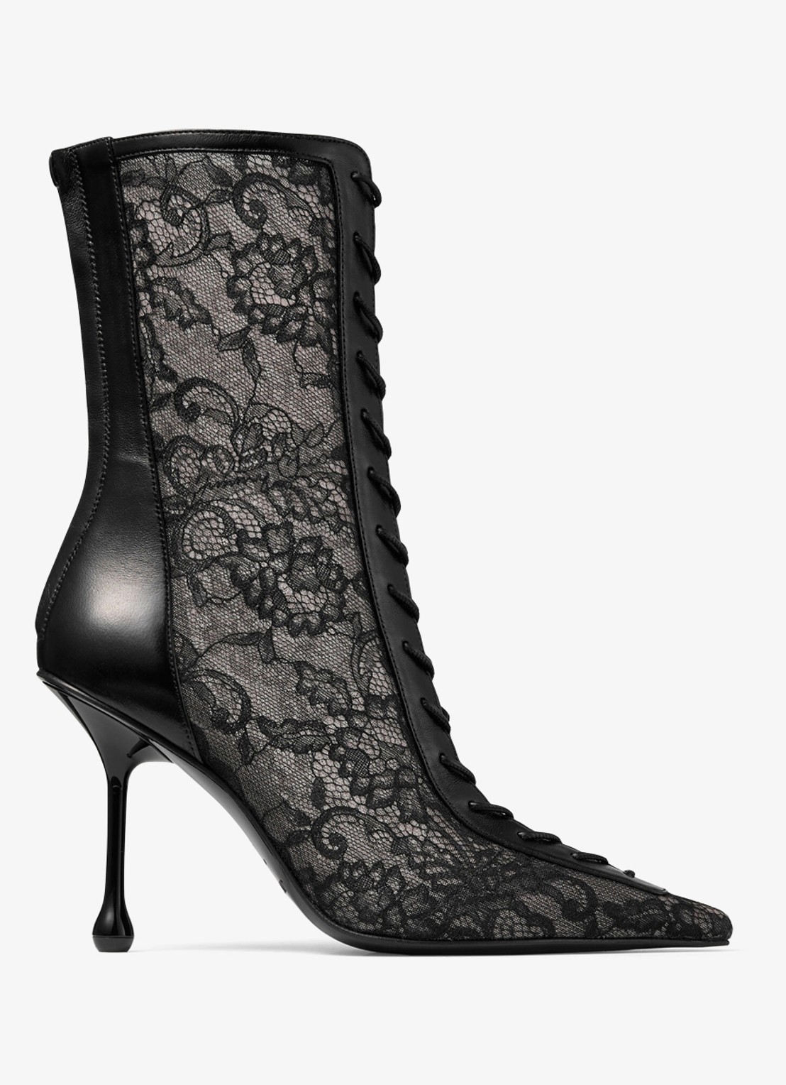 Jimmy Choo Scarlett 95 enkellaarsje van kant met lamsleren details - voorkant 3 zwart
