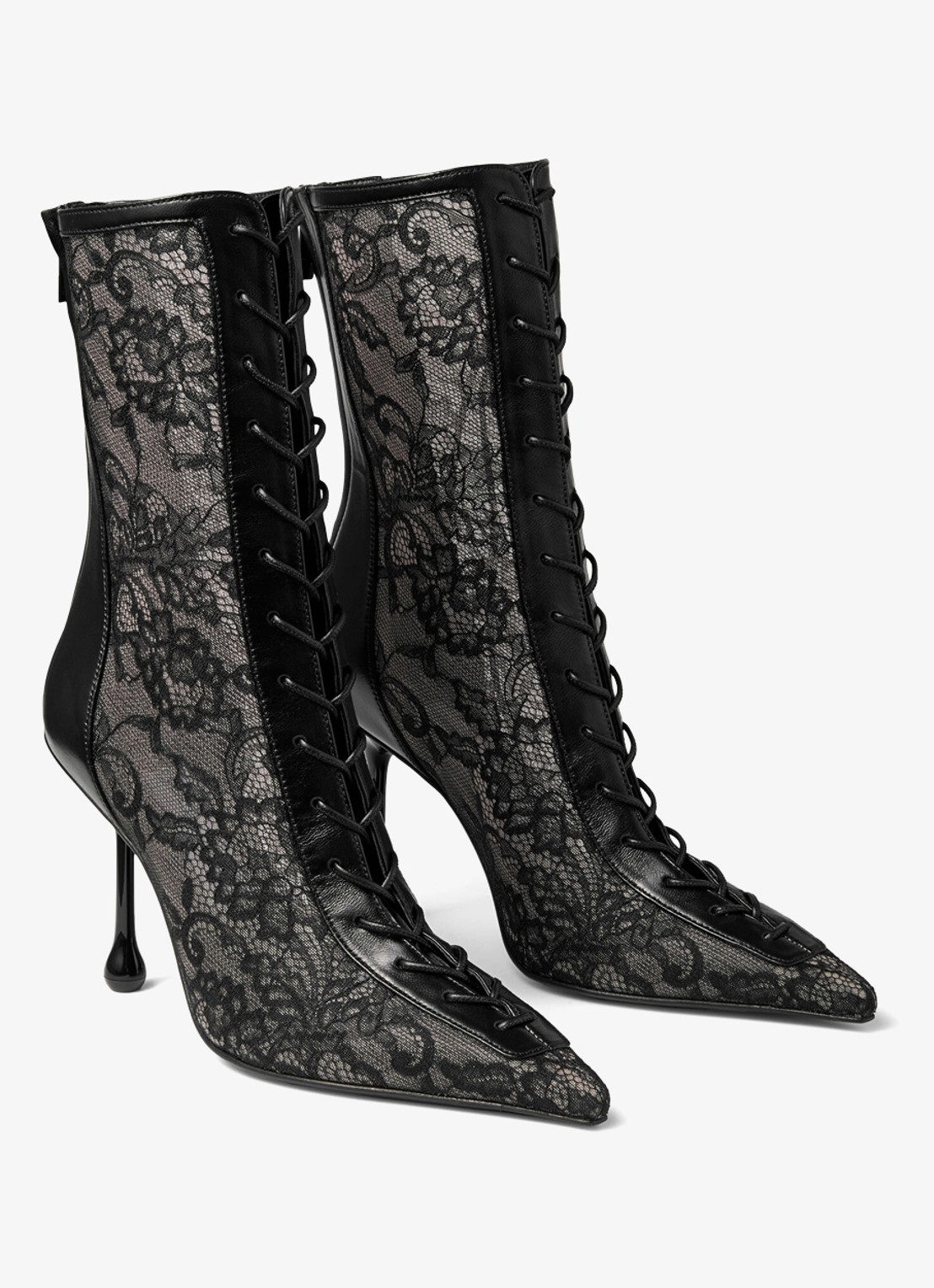 Jimmy Choo Scarlett 95 enkellaarsje van kant met lamsleren details - voorkant 4 zwart