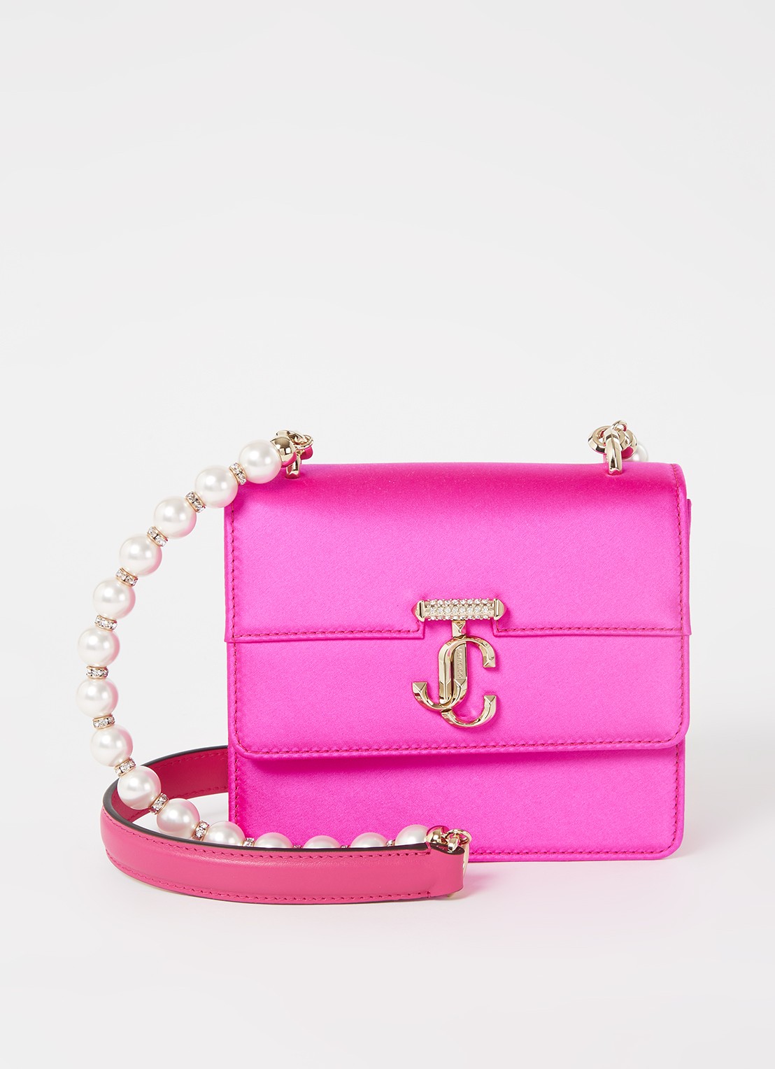 Jimmy Choo Varenne Quad XS schoudertas van satijn - voorkant 2 fuchsia