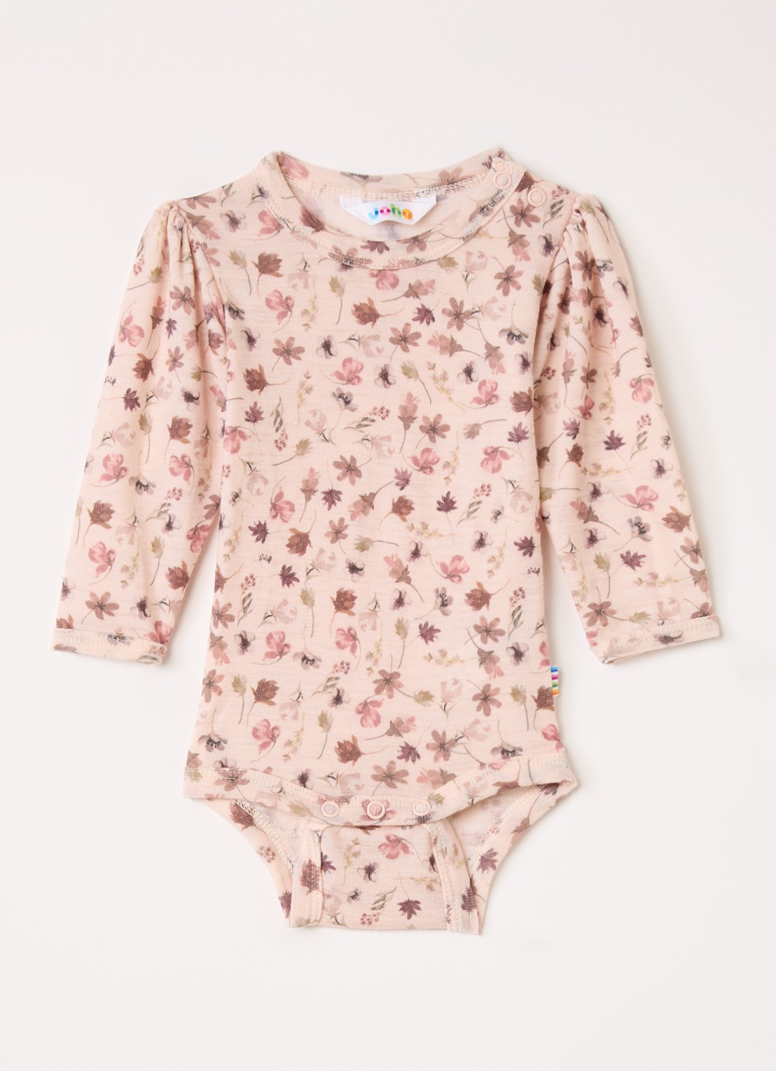 Joha Romper van merino wol met bloemenprint - voorkant roze