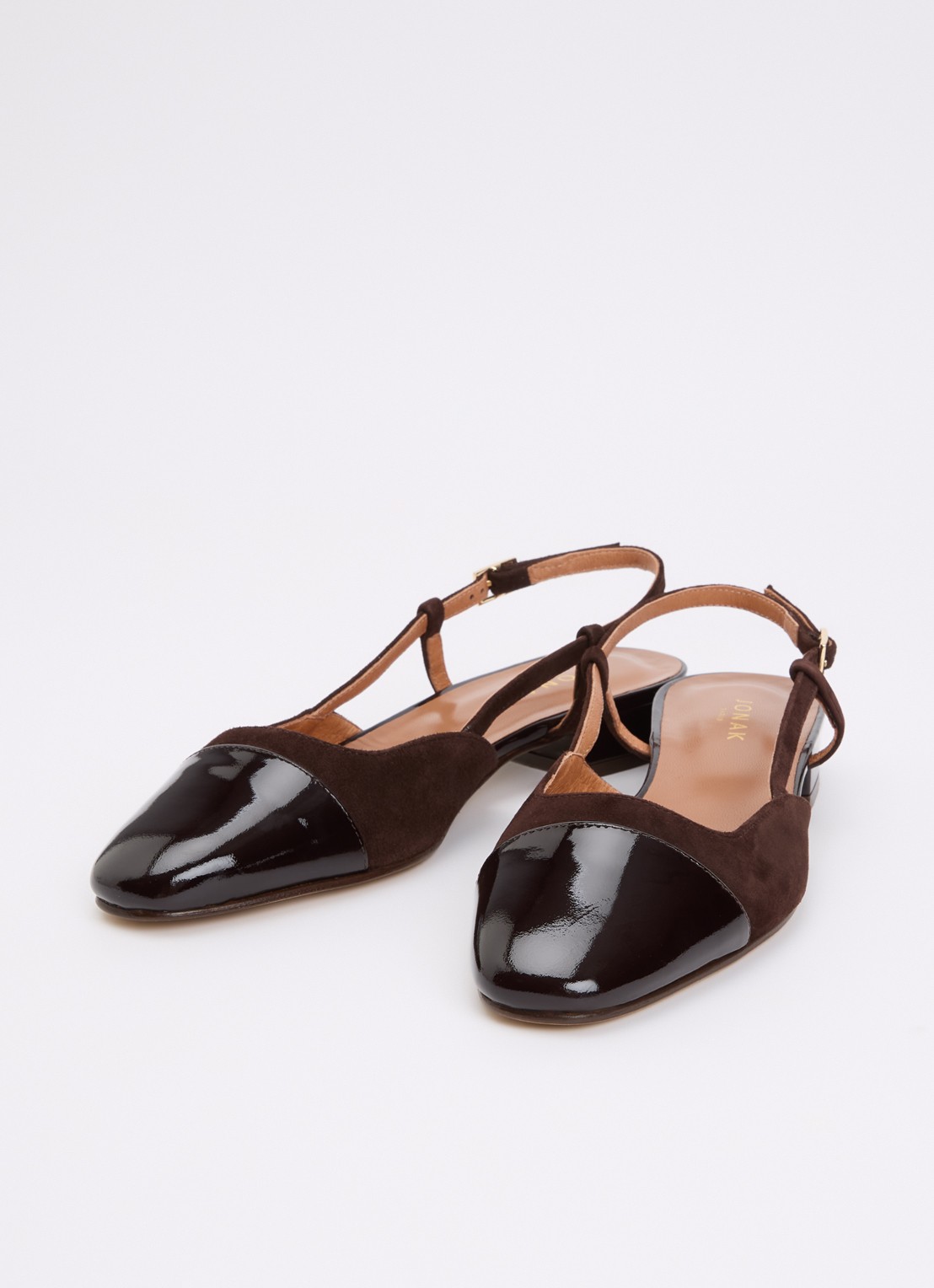 Jonak Dhapou slingback van kalfssuède met lakleren details - detail donkerbruin