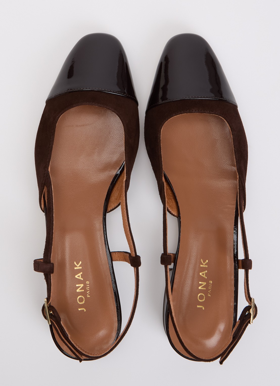 Jonak Dhapou slingback van kalfssuède met lakleren details - detail 2 donkerbruin