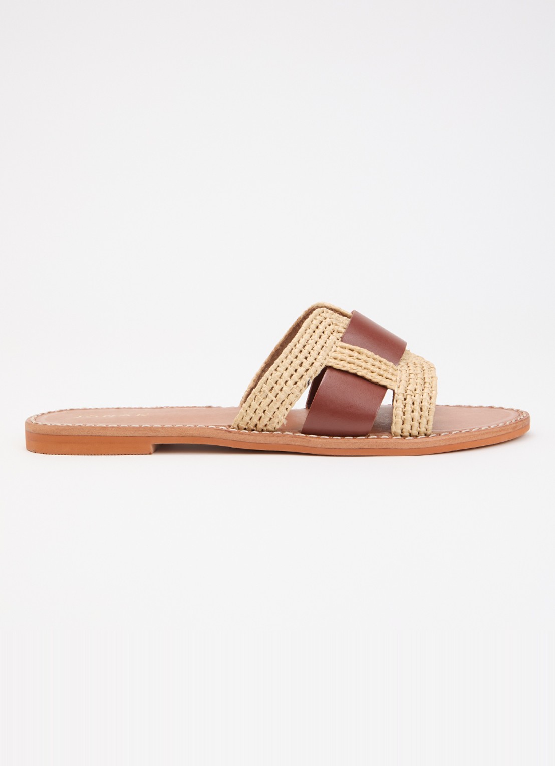 Jonak Wilou slipper van leer met raffia details - voorkant 2 camel