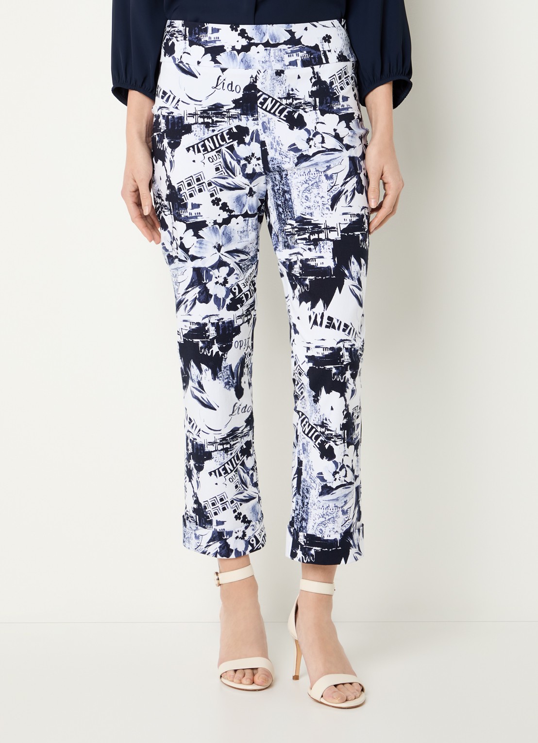 Joseph Ribkoff High waist tapered fit cropped broek met print - detail 3 donkerblauw