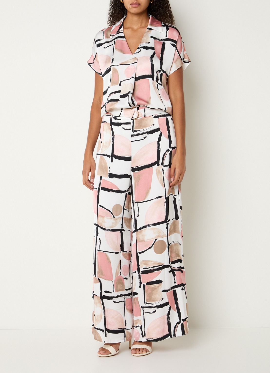 Joseph Ribkoff High waist wide fit palazzo broek met print en ceintuur - voorkant 4 wit