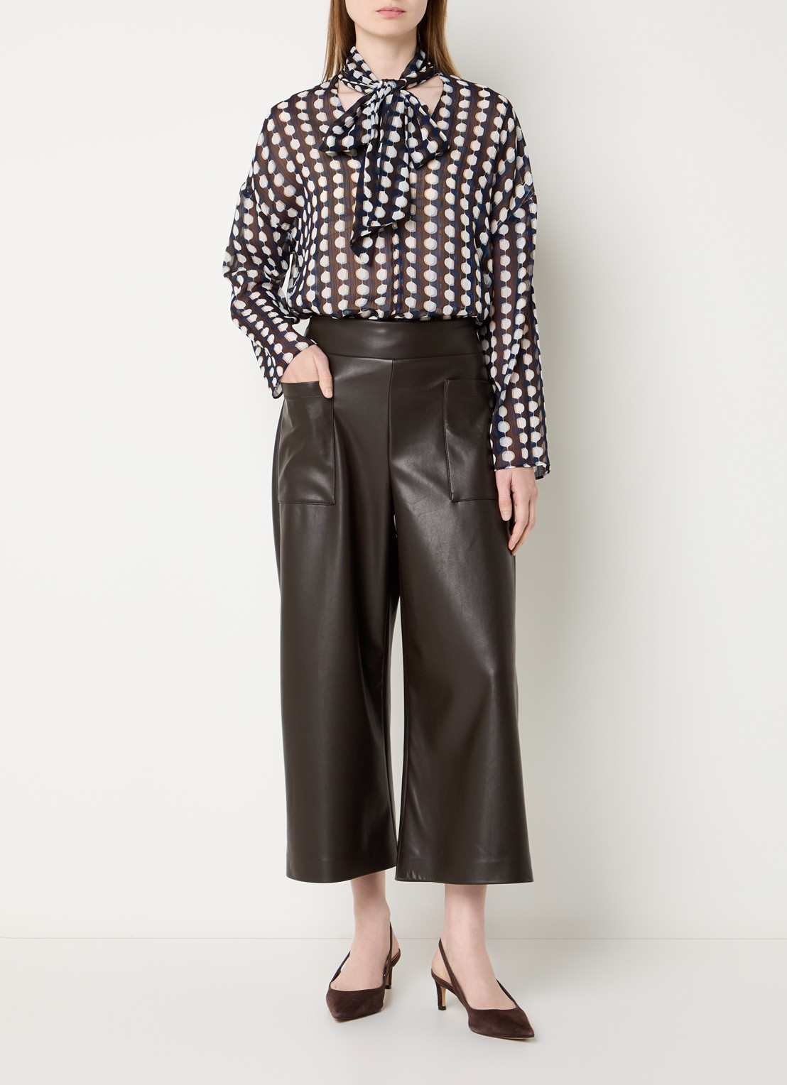 Joseph Ribkoff High waist wide fit palazzo broek van imitatieleer - voorkant 2 donkerbruin