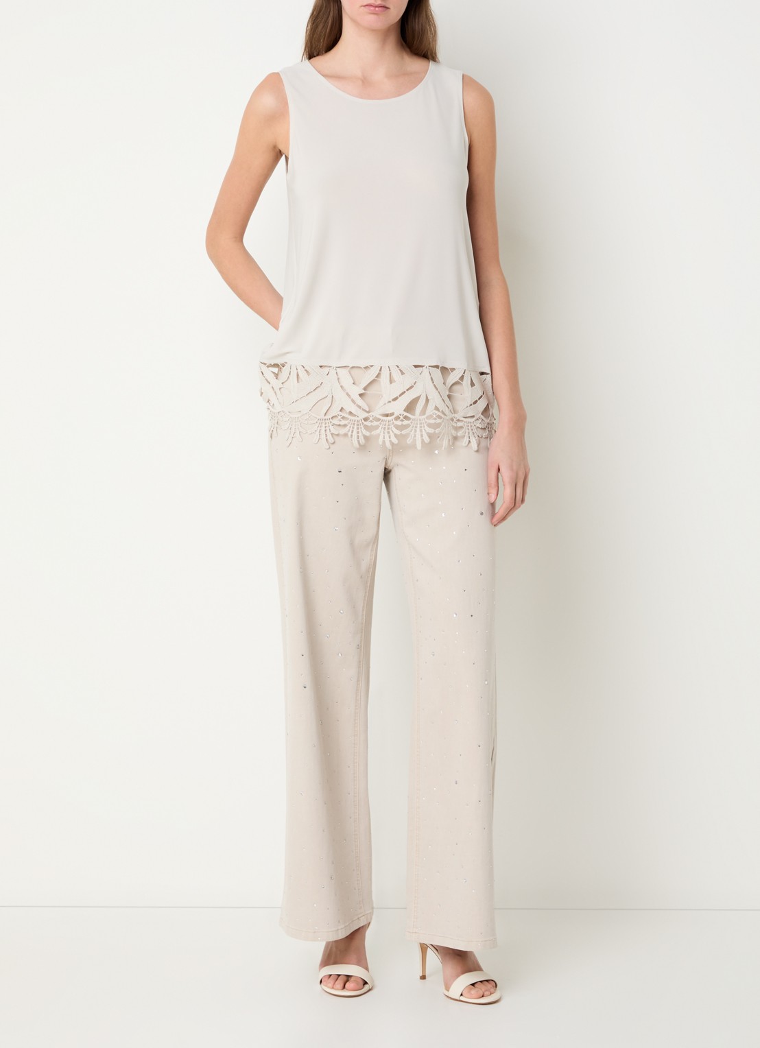 Joseph Ribkoff High waist wide leg jeans met gekleurde wassing en strass - voorkant 5 beige