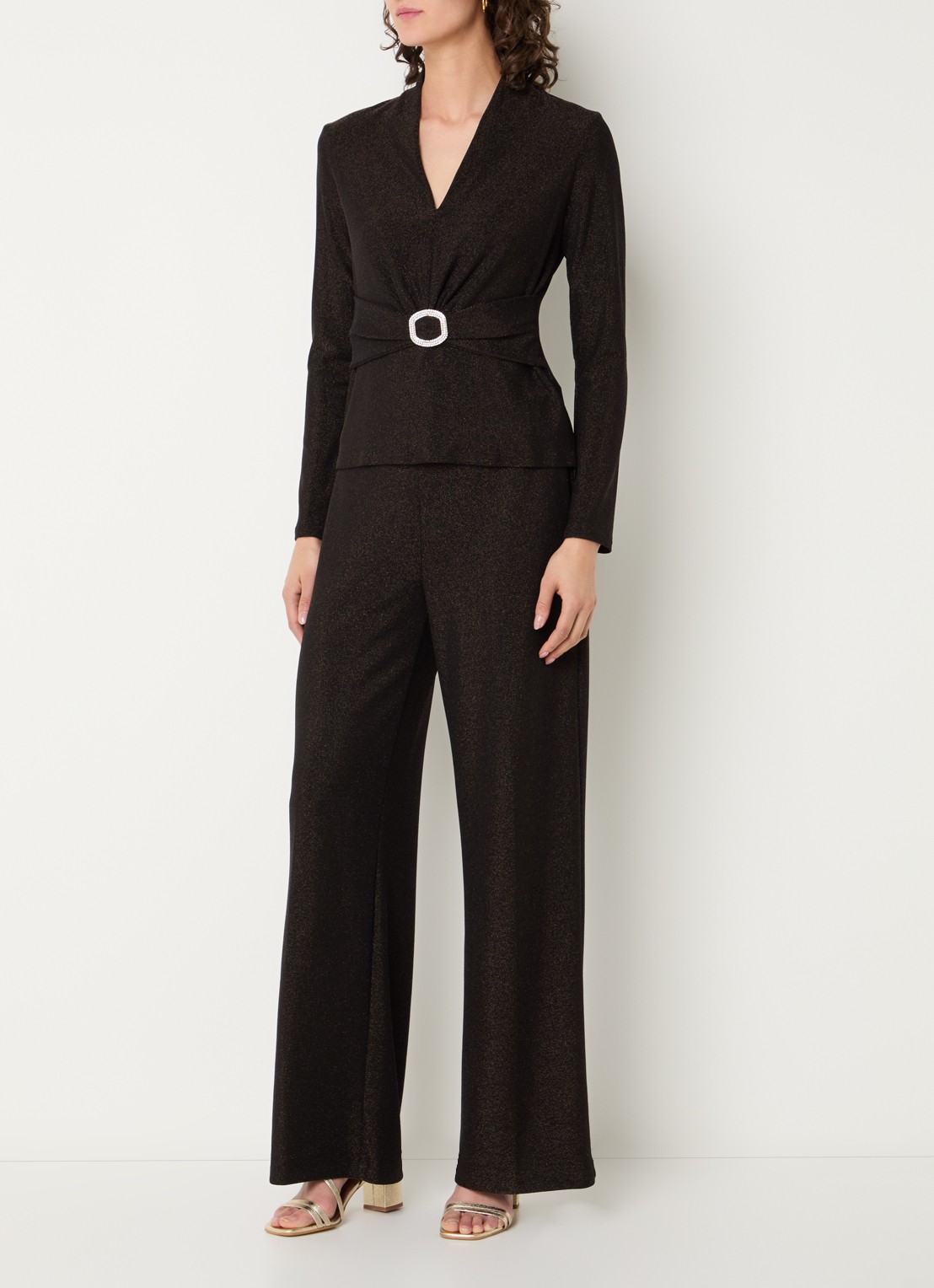 Joseph Ribkoff Low waist loose fit broek met lurex - voorkant 3 donkerbruin