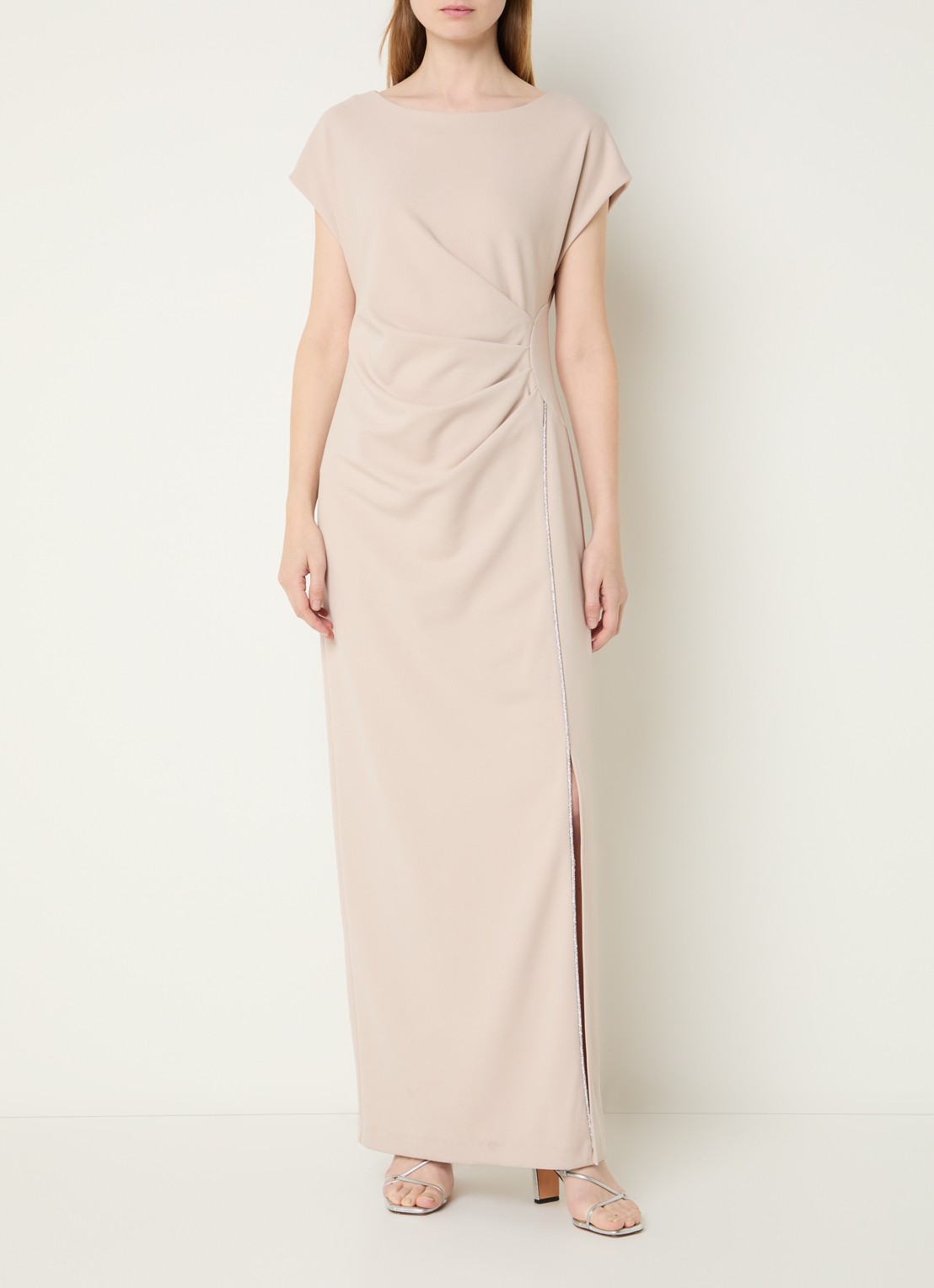 Joseph Ribkoff Maxi jurk met plooidetail en strass - detail donkerbeige