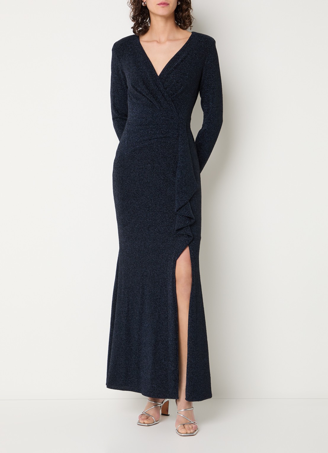 Joseph Ribkoff Maxi jurk met split en V-hals - detail 3 donkerblauw
