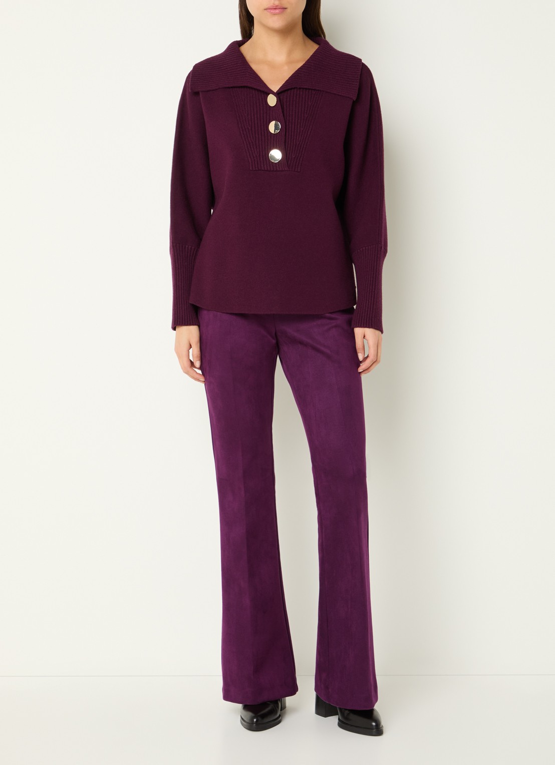 Joseph Ribkoff Mid waist flared fit broek van fluweel - voorkant 3 aubergine