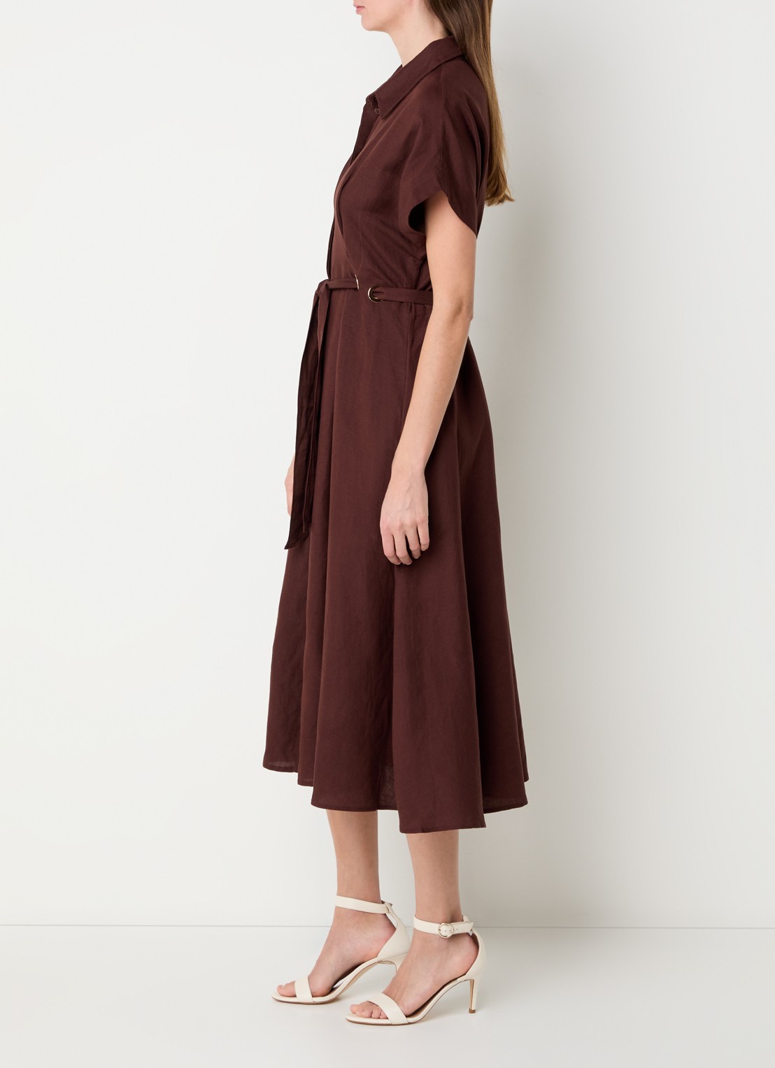 Joseph Ribkoff Midi blousejurk in linnenblend met strikceintuur - voorkant 3 kastanjebruin