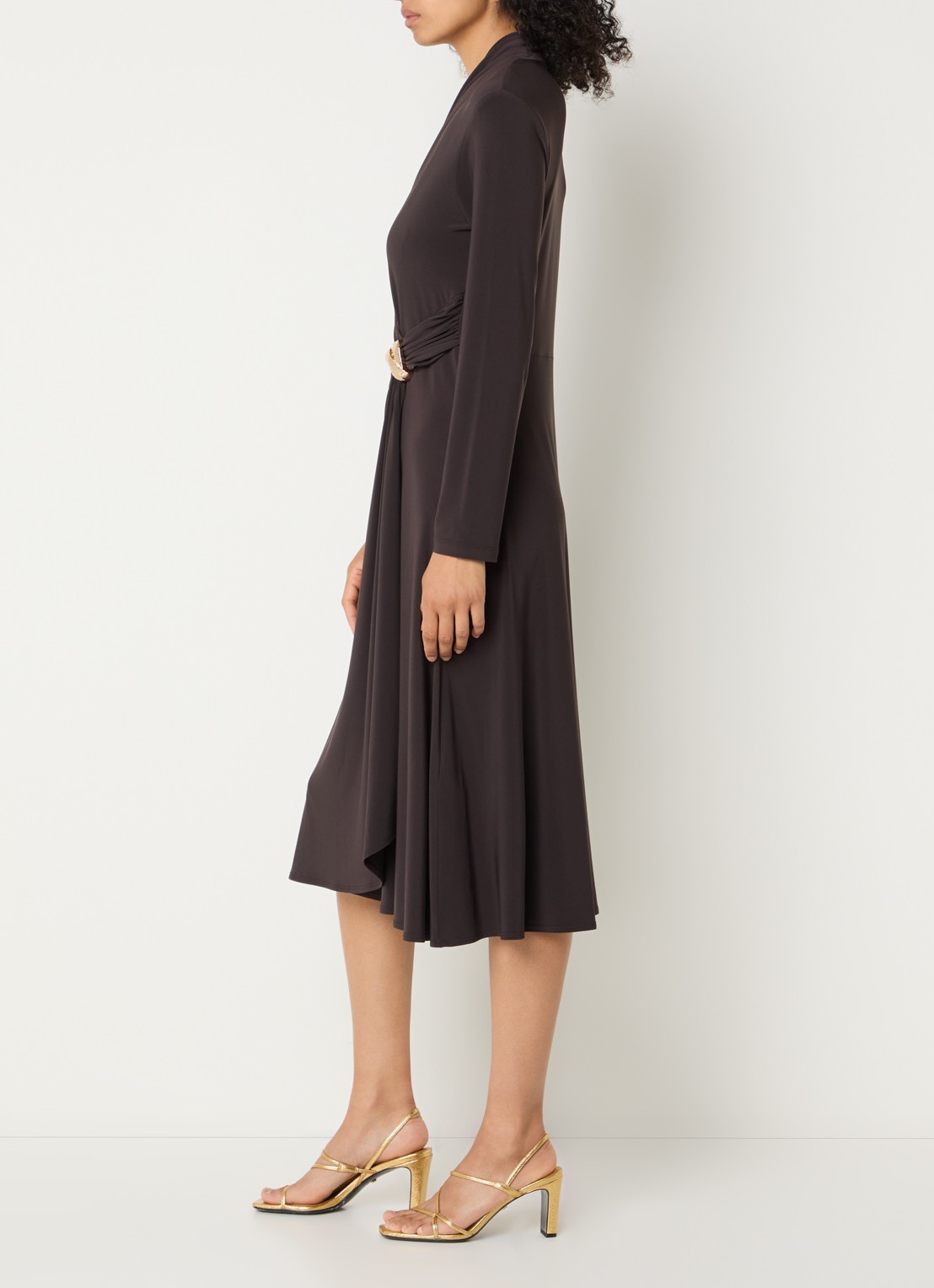 Joseph Ribkoff Midi jurk met knoopdetail - voorkant 3 donkerbruin