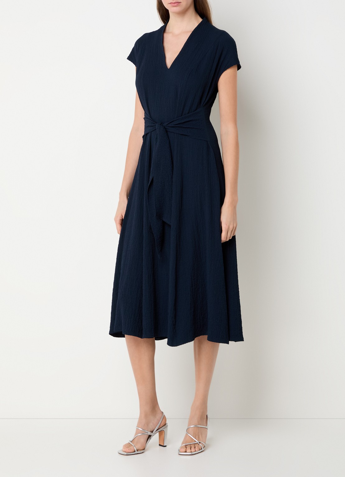 Joseph Ribkoff Midi jurk met structuur en strikceintuur - detail 2 donkerblauw