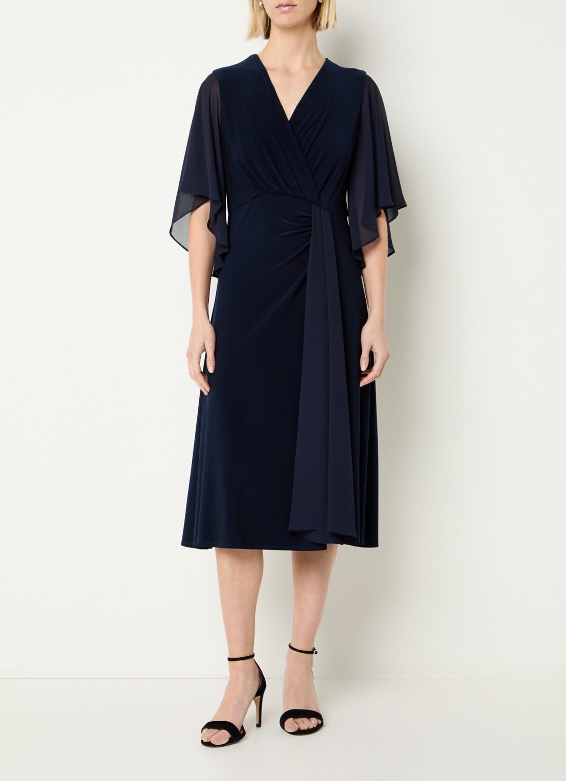 Joseph Ribkoff Midi jurk met V-hals en plooidetail - detail 4 donkerblauw