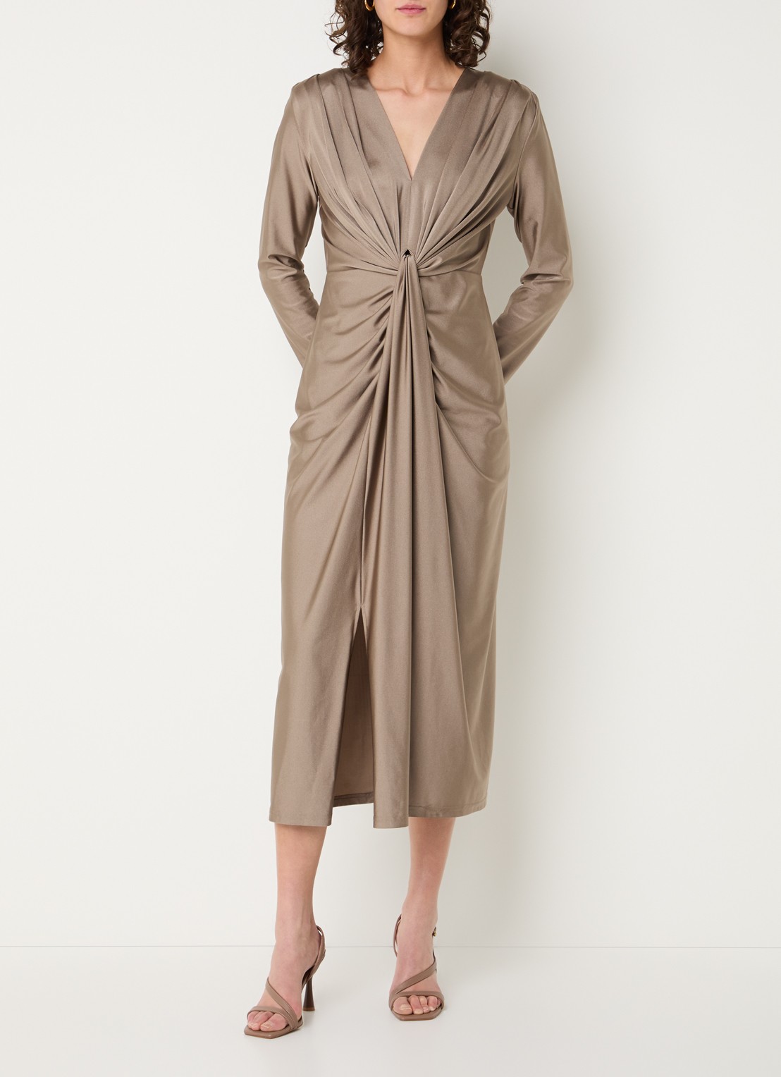 Joseph Ribkoff Midi jurk met watervalhals - detail 4 zand