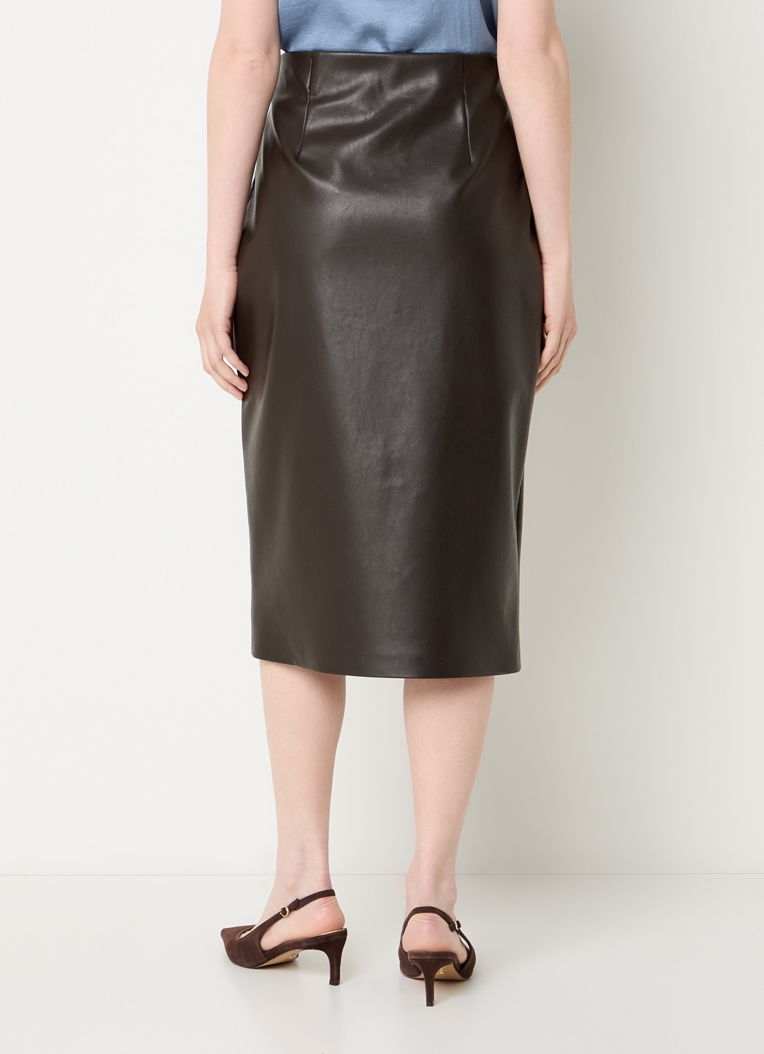 Joseph Ribkoff Midi rok van imitatieleer en split - achterkant 3 donkerbruin