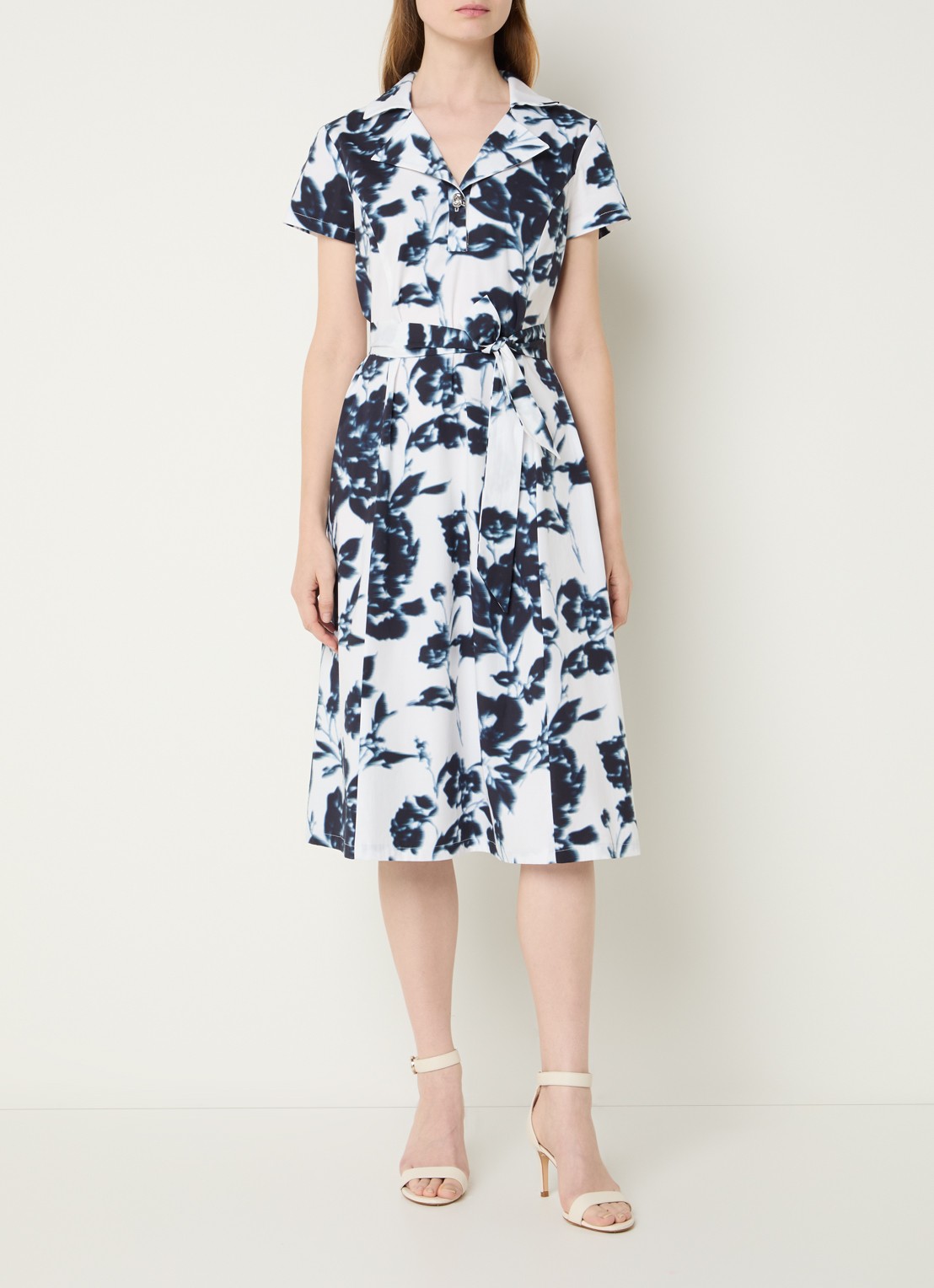 Joseph Ribkoff Midi tuniekjurk met strikceintuur en print - voorkant 3 donkerblauw