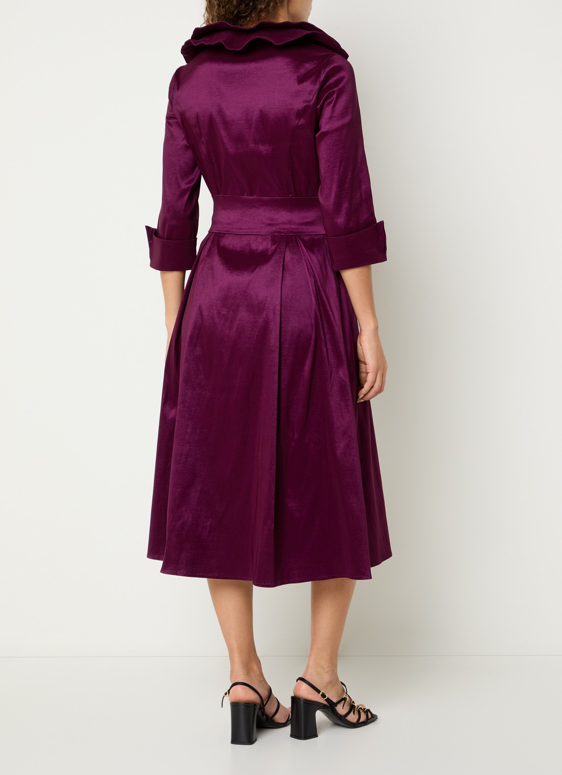 Joseph Ribkoff Midi tuniekjurk van satijn met strikceintuur - achterkant aubergine