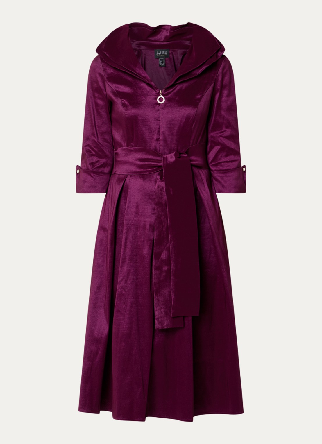 Joseph Ribkoff Midi tuniekjurk van satijn met strikceintuur - voorkant 3 aubergine