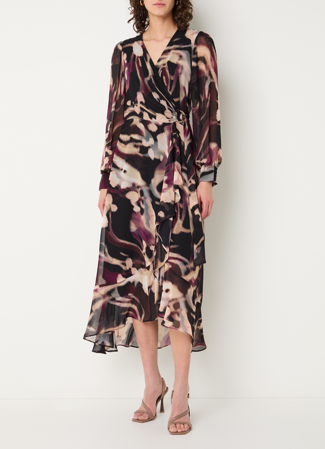 Joseph Ribkoff Midi wikkeljurk met ceintuur - detail aubergine