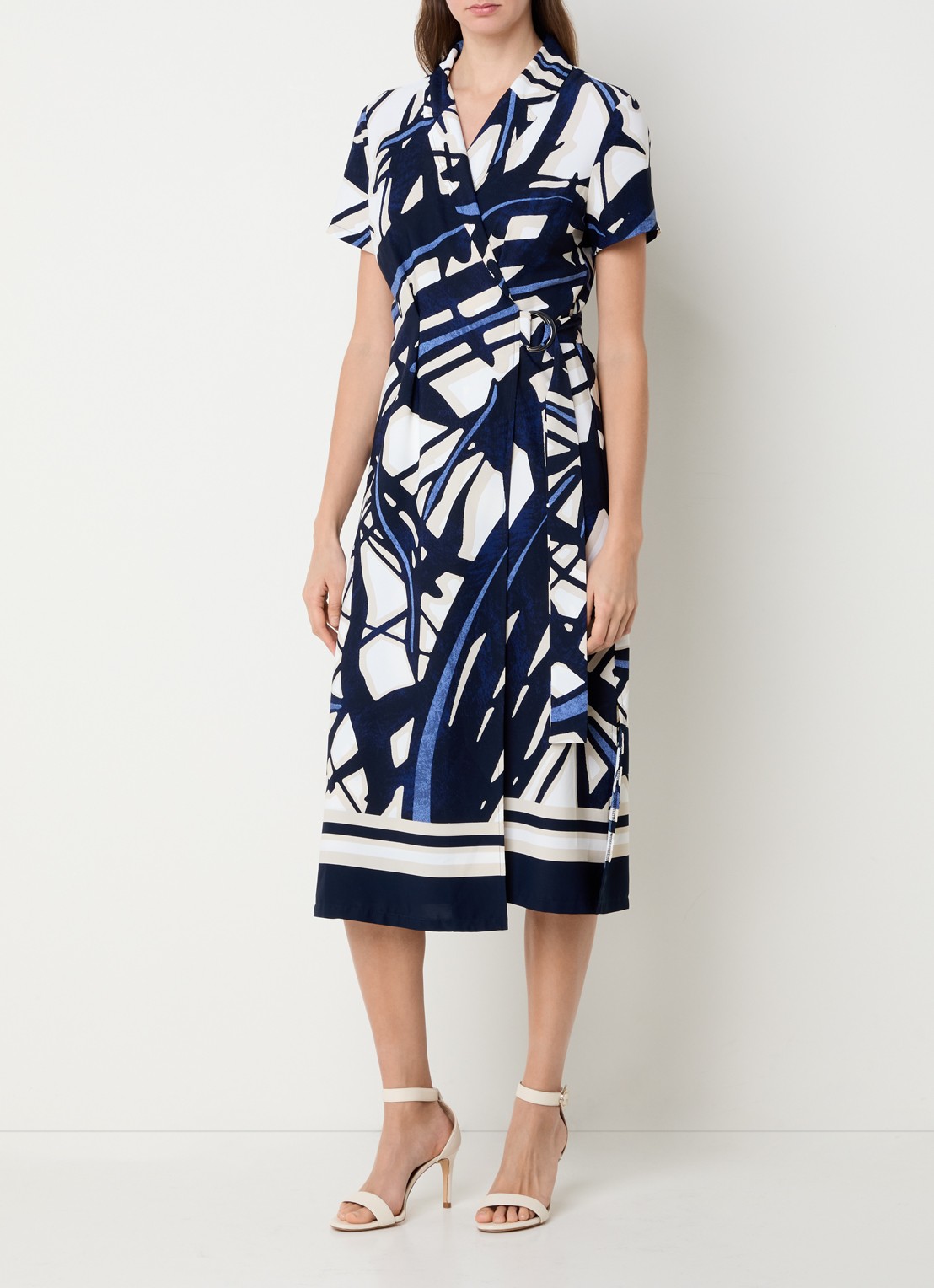 Joseph Ribkoff Midi wikkeljurk met grafische print - detail 3 donkerblauw