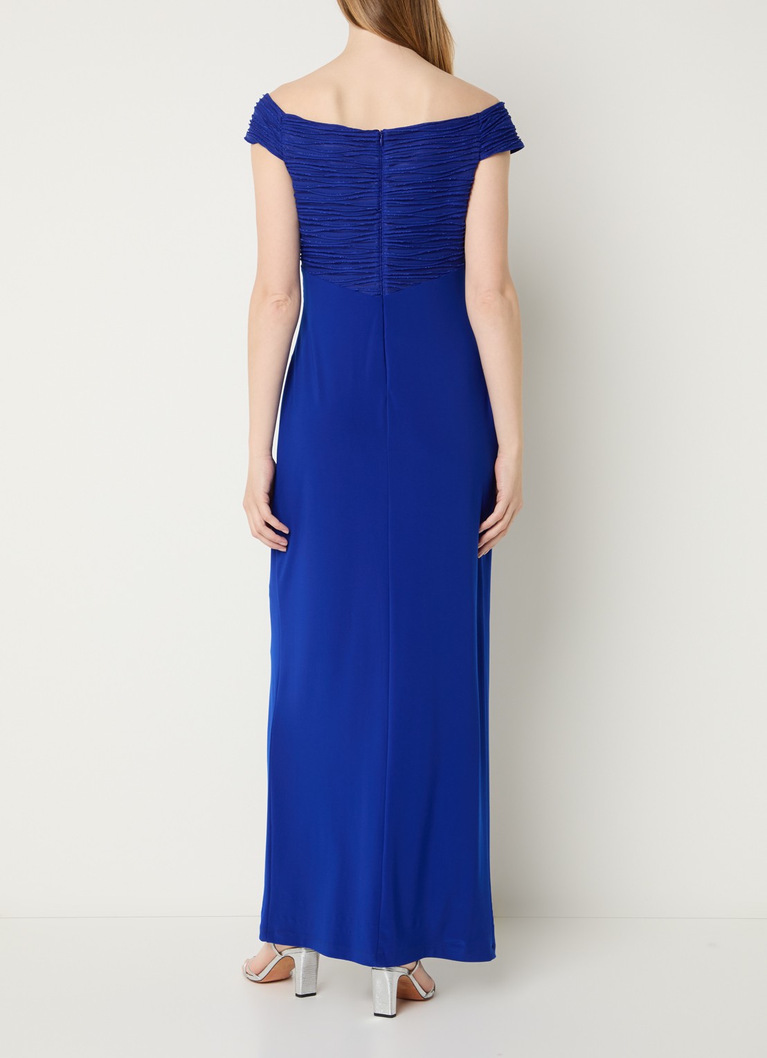 Joseph Ribkoff Off shoulder maxi jurk met lurex - achterkant kobaltblauw