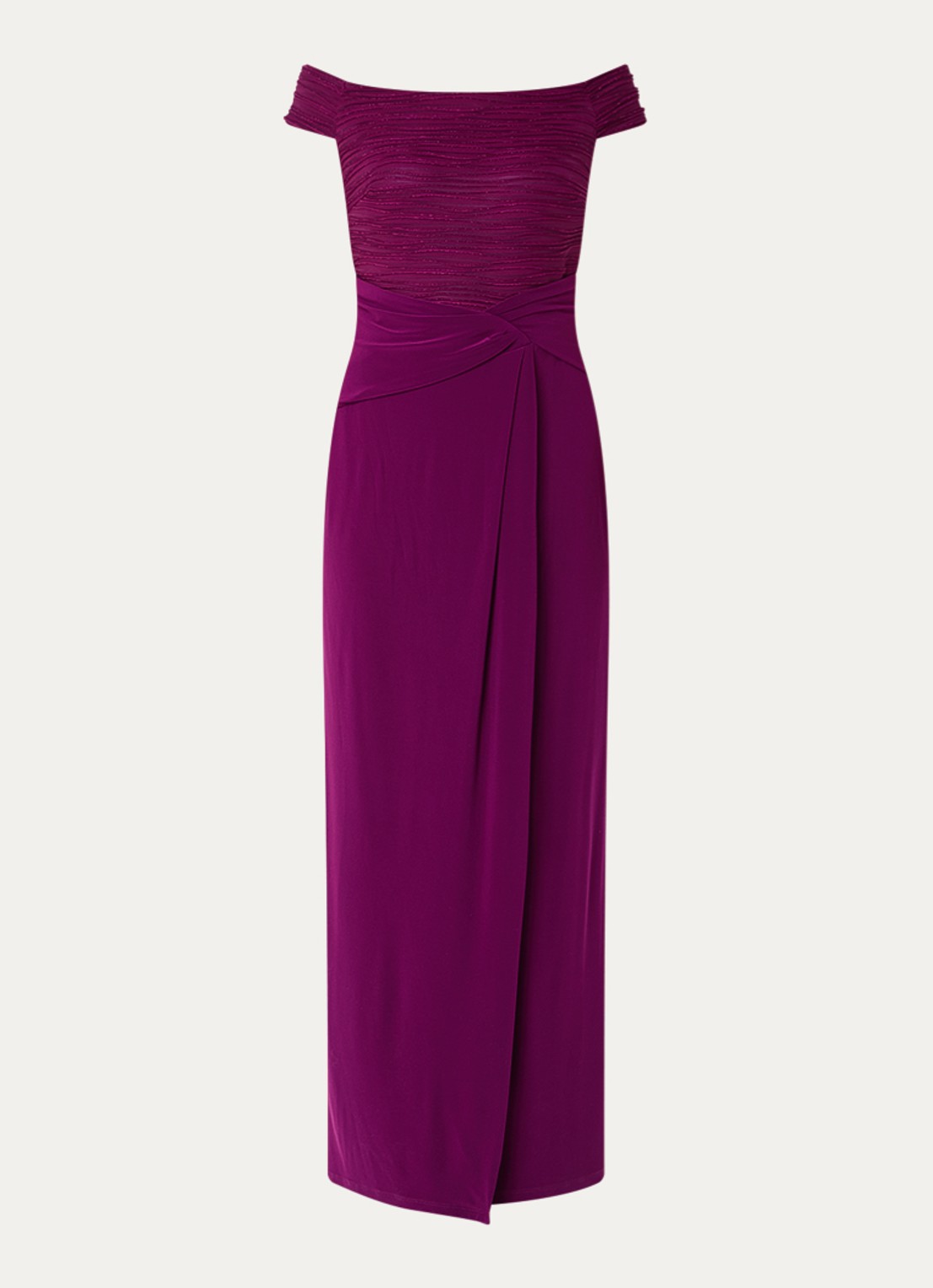 Joseph Ribkoff Off shoulder maxi jurk met lurex - voorkant 3 aubergine