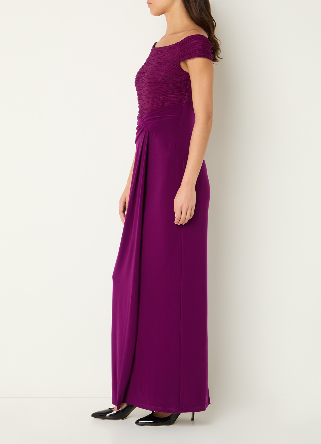 Joseph Ribkoff Off shoulder maxi jurk met lurex - voorkant 4 aubergine