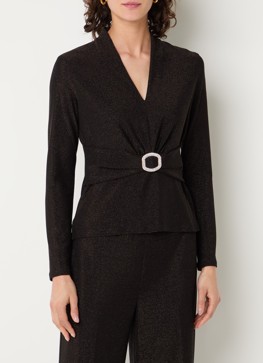 Joseph Ribkoff Top met lurex en V-hals - detail donkerbruin