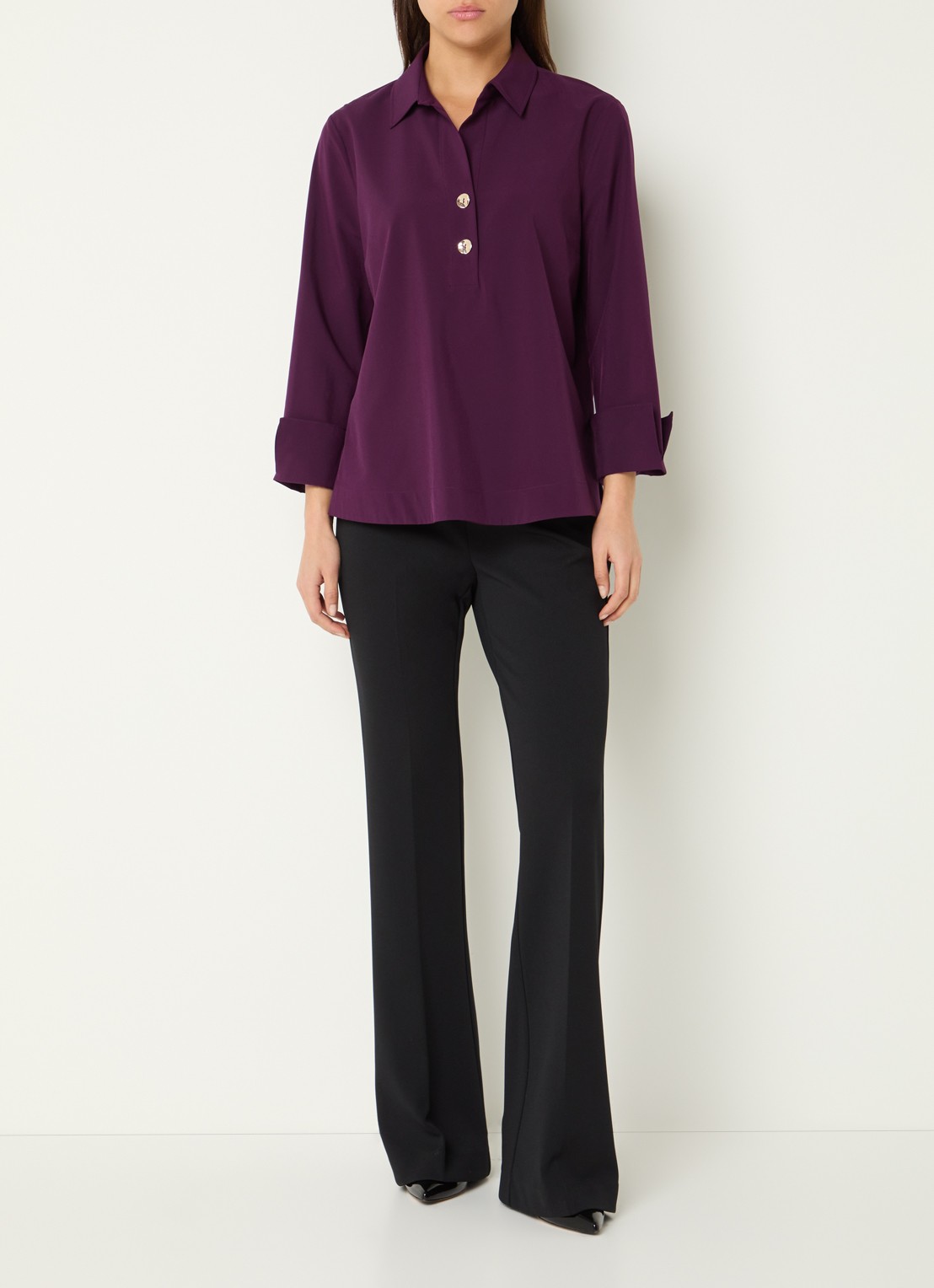 Joseph Ribkoff Tuniek met trompetmouw  - voorkant 2 aubergine