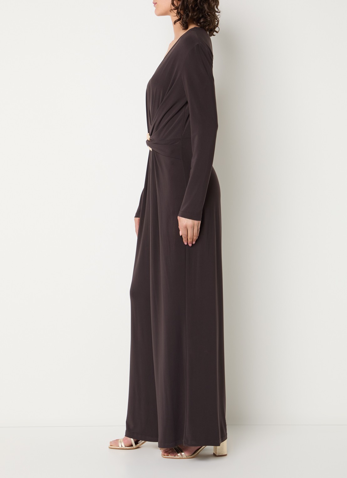 Joseph Ribkoff Wide fit jumpsuit met knoopdetail - voorkant 2 donkerbruin