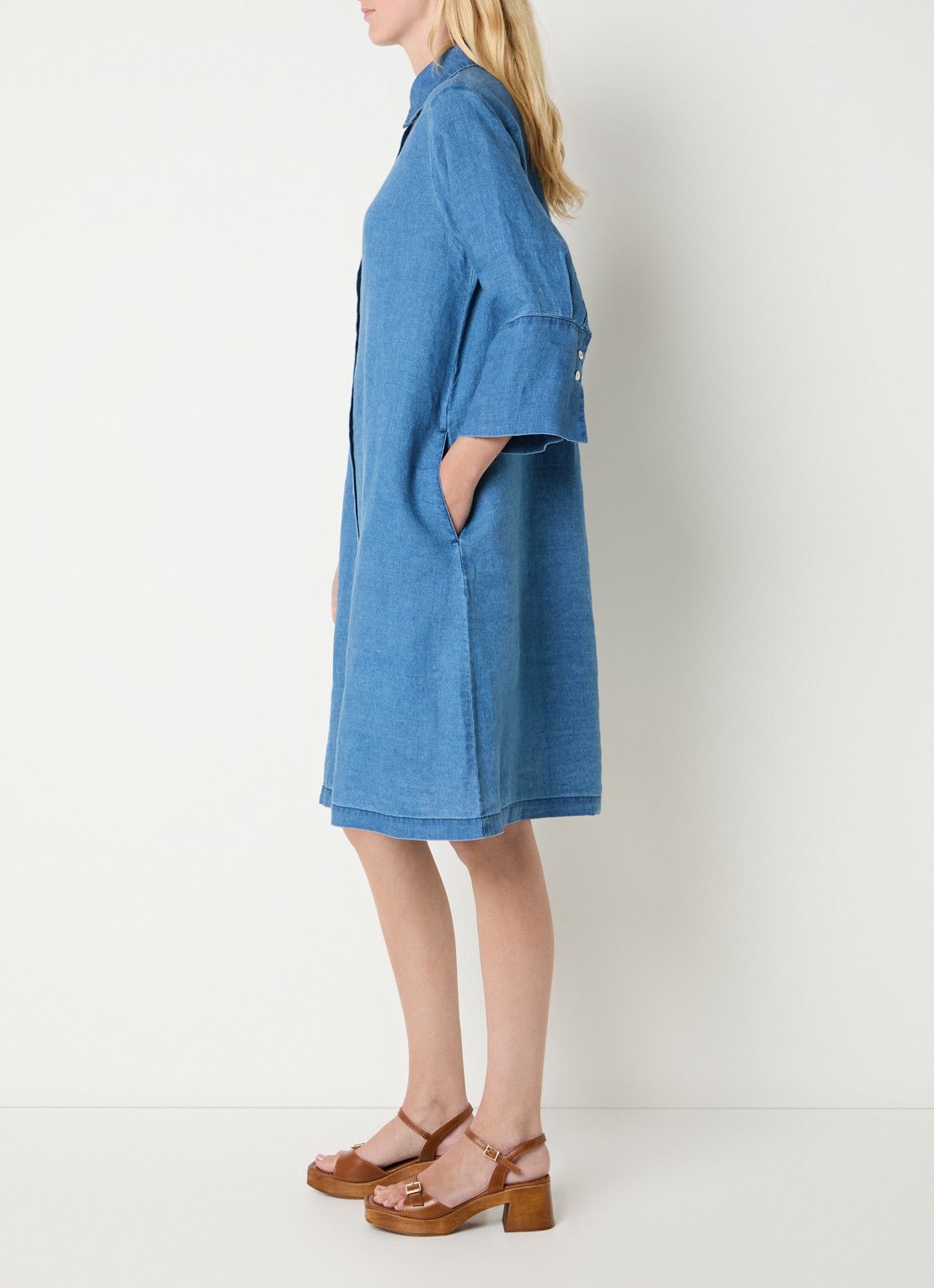 Josephine & Co Bailyn midi A-lijn blousejurk van chambray - voorkant 3 indigo