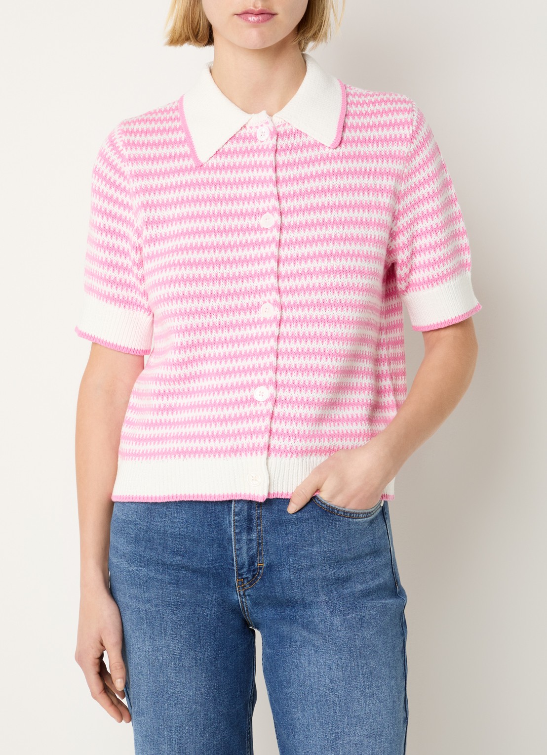 Josephine & Co Basha grofgebreid vest met streepprint - detail 4 roze