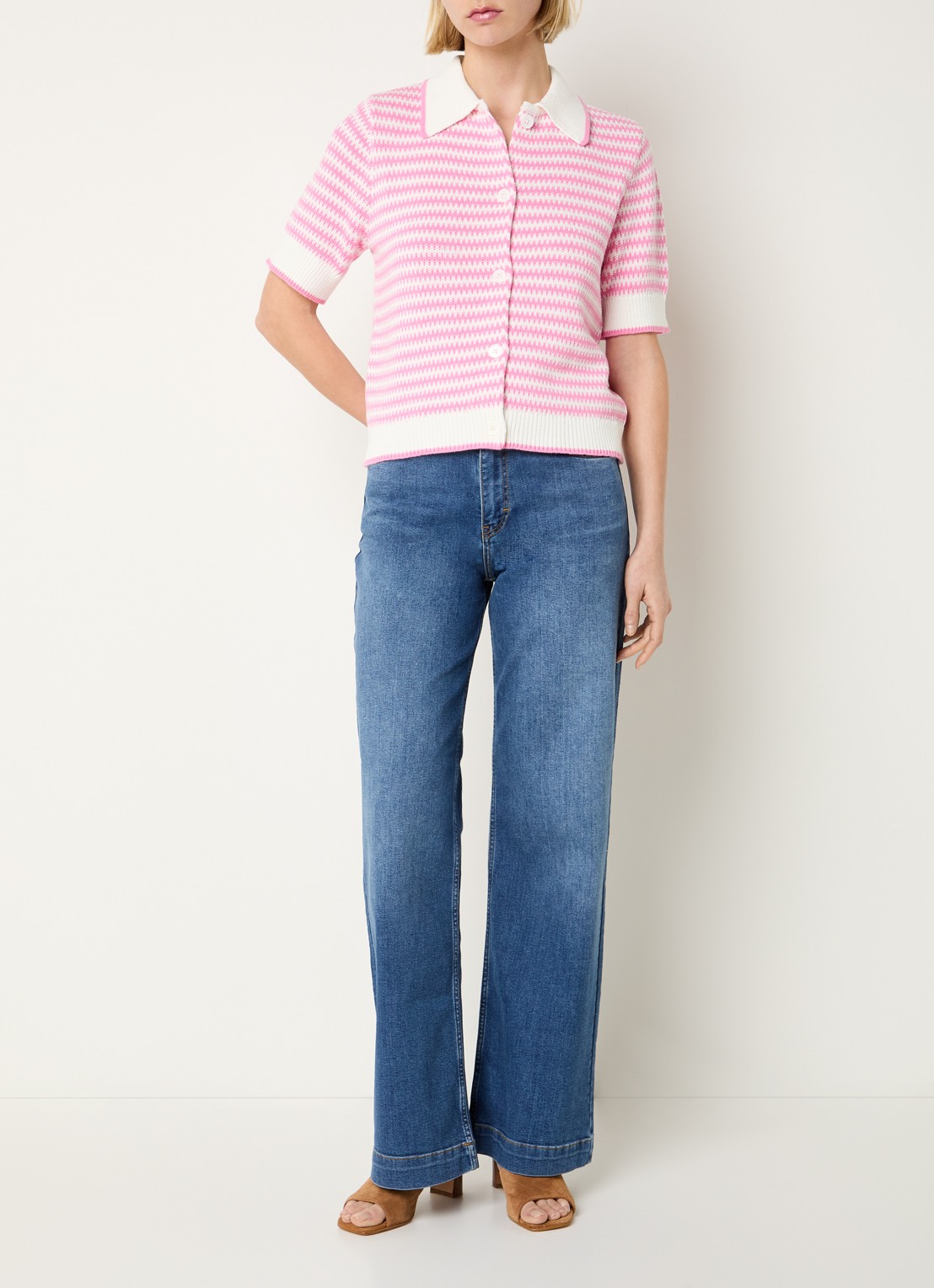 Josephine & Co Basha grofgebreid vest met streepprint - voorkant 2 roze