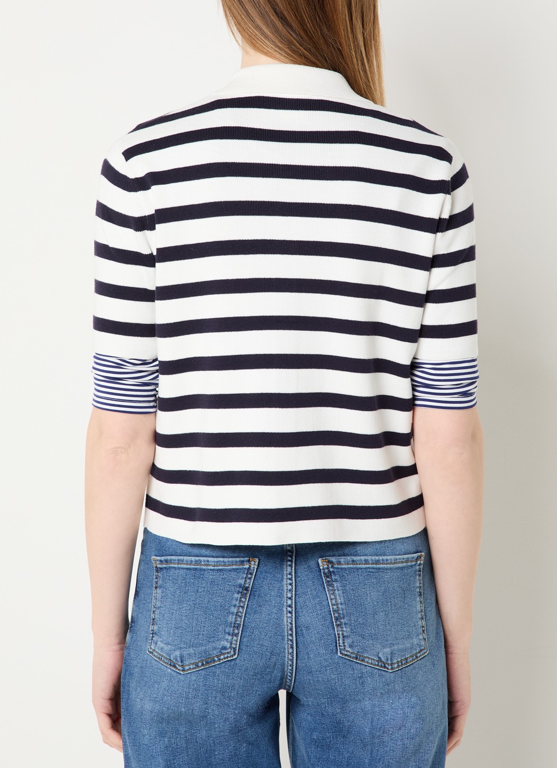 Josephine & Co Bastijn fijngebreide vest met streepprint - achterkant 3 donkerblauw