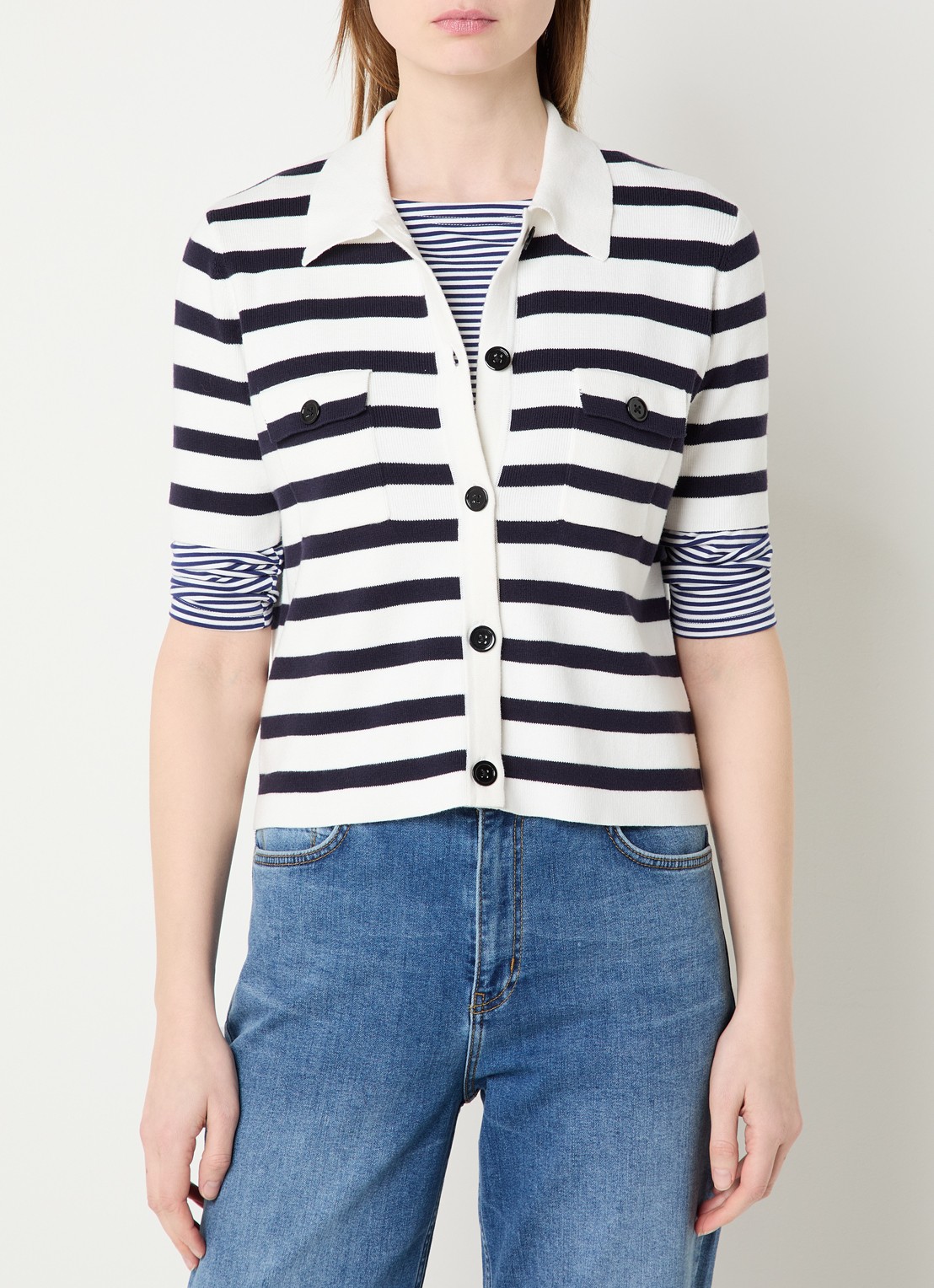 Josephine & Co Bastijn fijngebreide vest met streepprint - detail 4 donkerblauw