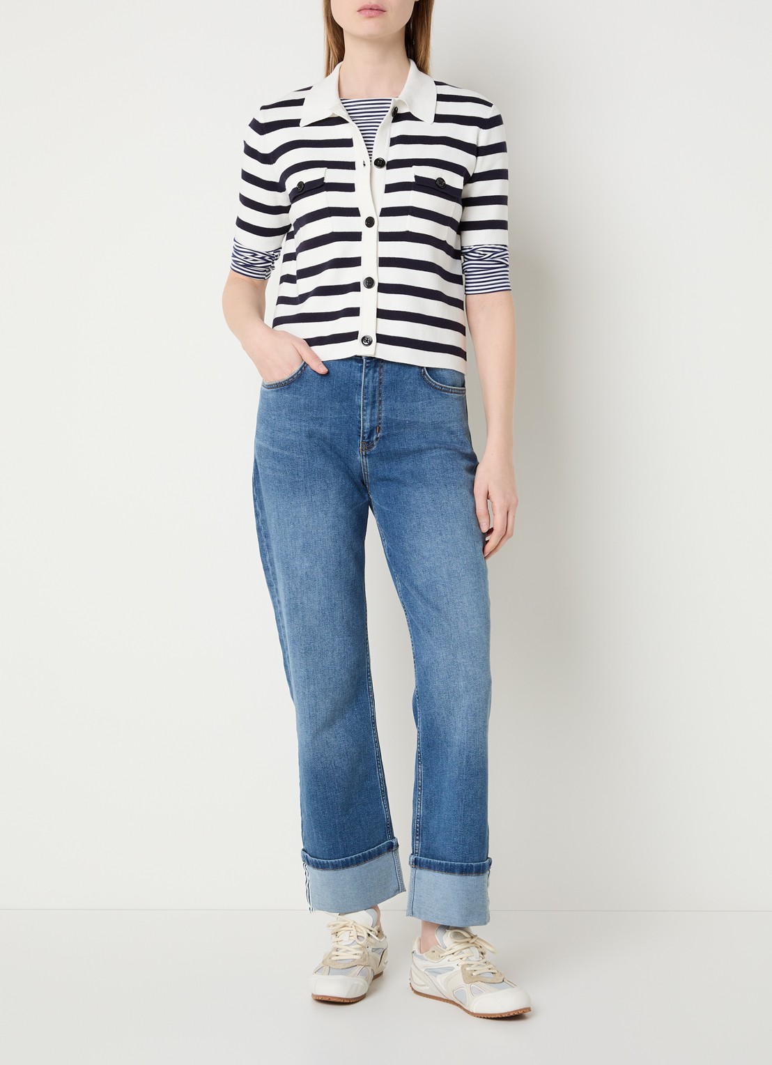 Josephine & Co Bastijn fijngebreide vest met streepprint - voorkant 2 donkerblauw