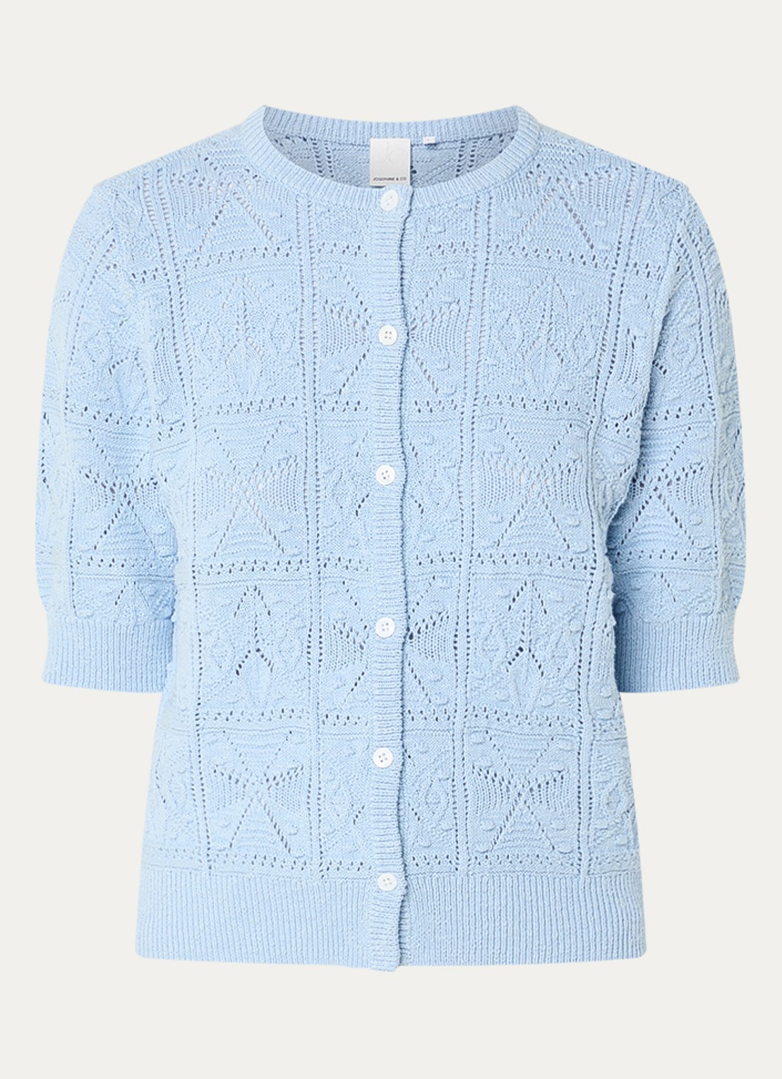 Josephine & Co Beau grofgebreid vest met opengebreid dessin - voorkant 2 lichtblauw
